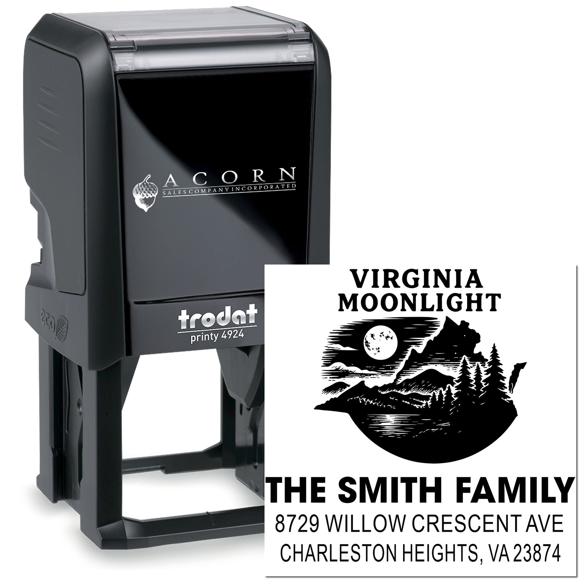 Custom self-inking address stamp with Virginia Moonlight mountain design, moon and trees, shown beside a Trodat Printy 4924 stamp.