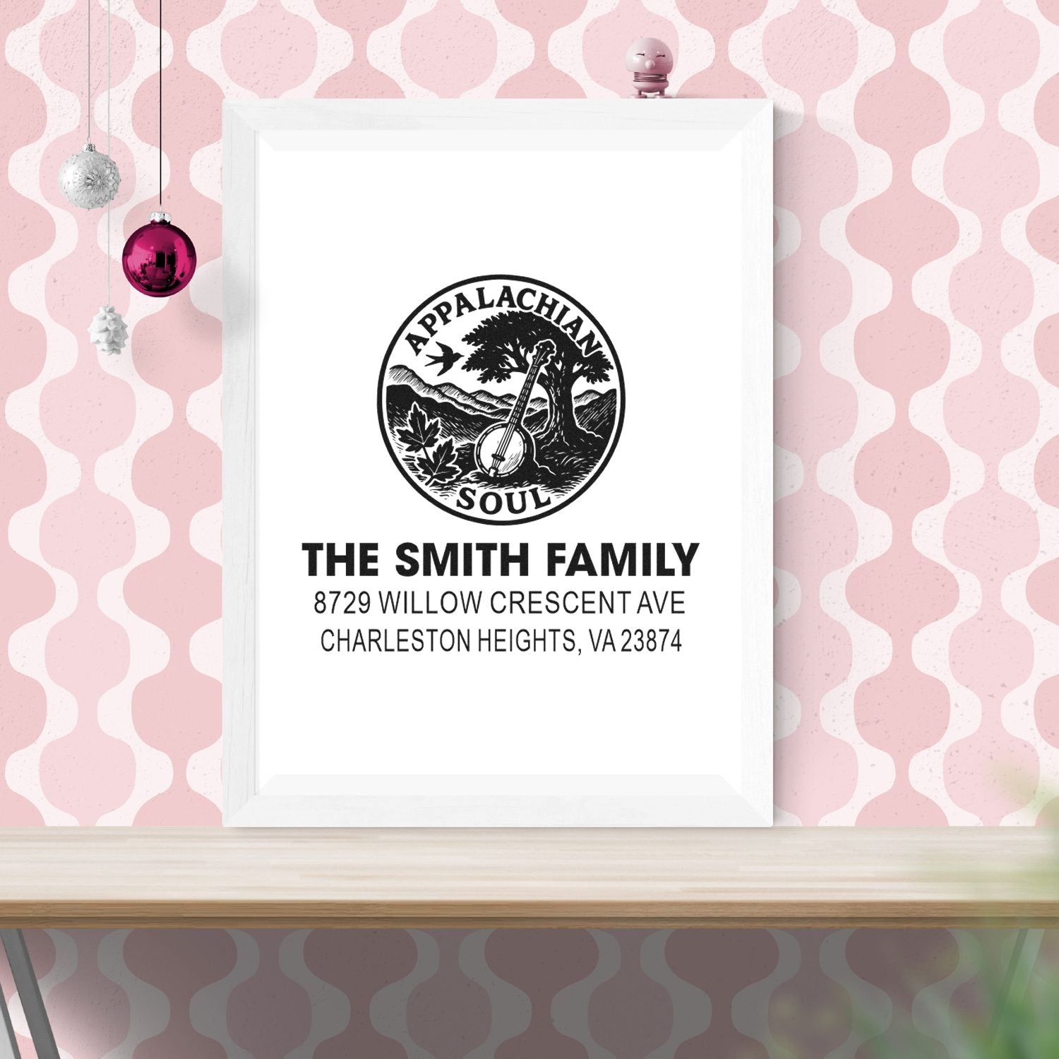 Custom Appalachian Soul family return address rubber stamp design with banjo logo for The Smith Family, Charleston Heights, VA
