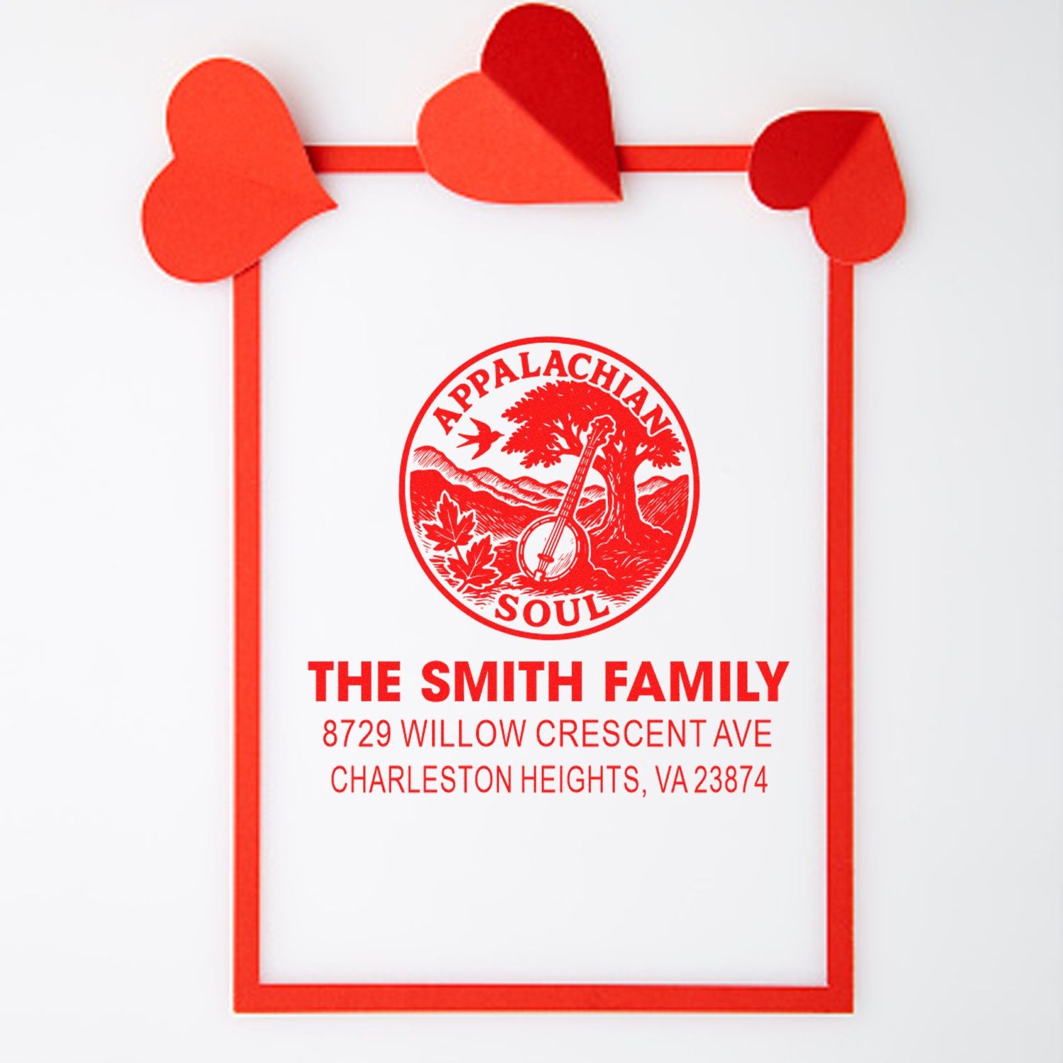 Personalized red address stamp with heart border and Appalachian Soul logo, featuring The Smith Family name and Charleston Heights, VA address.