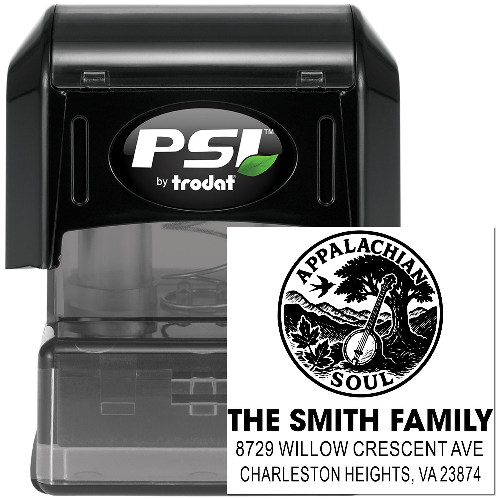 PSI by Trodat self-inking custom family address rubber stamp with Appalachian Soul logo and return address