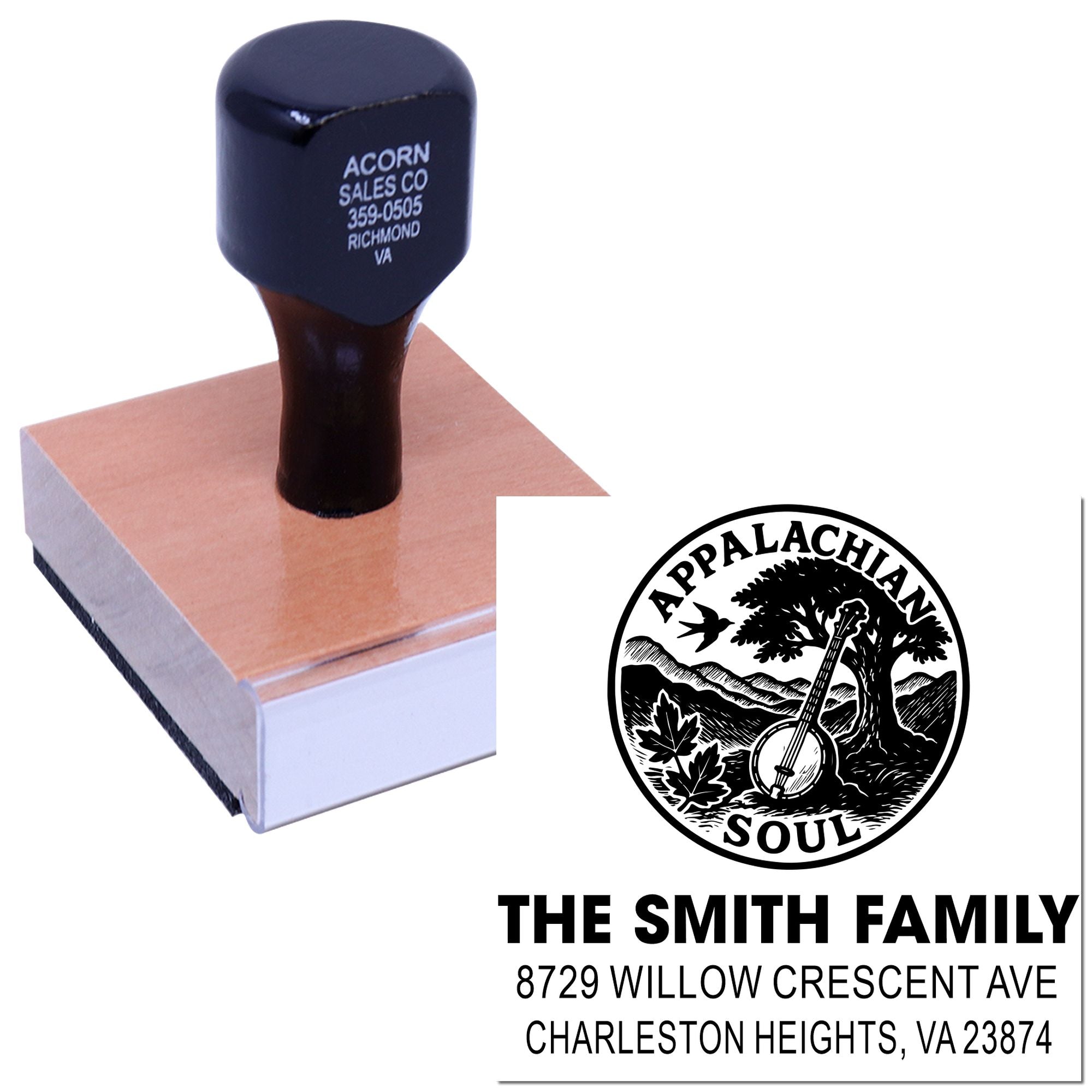 Custom rubber address stamp with Appalachian Soul logo and The Smith Family mailing address, shown on stamp block with printed impression sample.