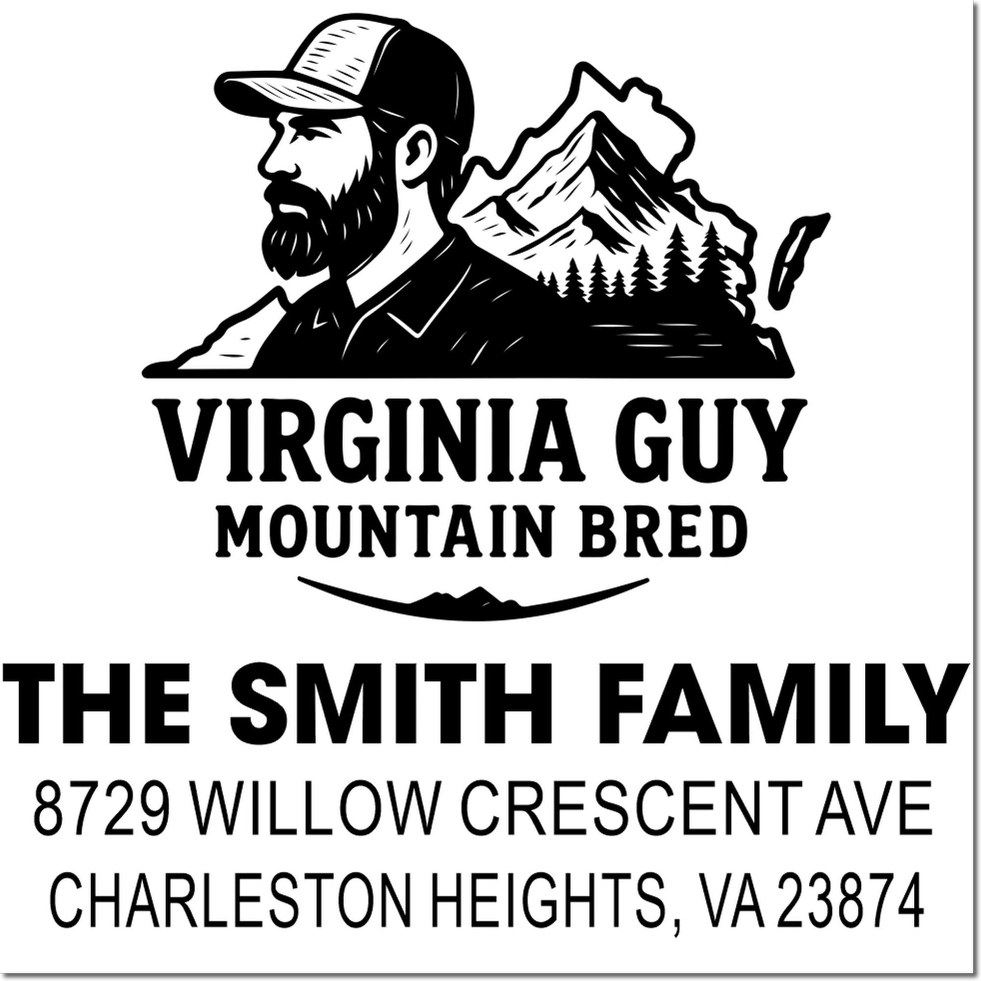 Custom Virginia Guy Mountain Bred family address stamp with bearded man, mountain silhouette, The Smith Family, and 8729 Willow Crescent Ave, Charleston Heights, VA.