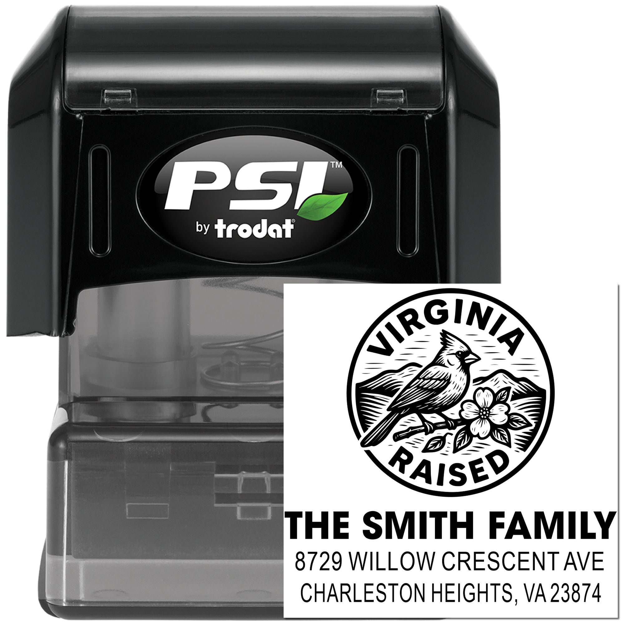 PSI by Trodat self-inking custom address stamp with Virginia Raised design, family name and address, shown on a black stamp unit.