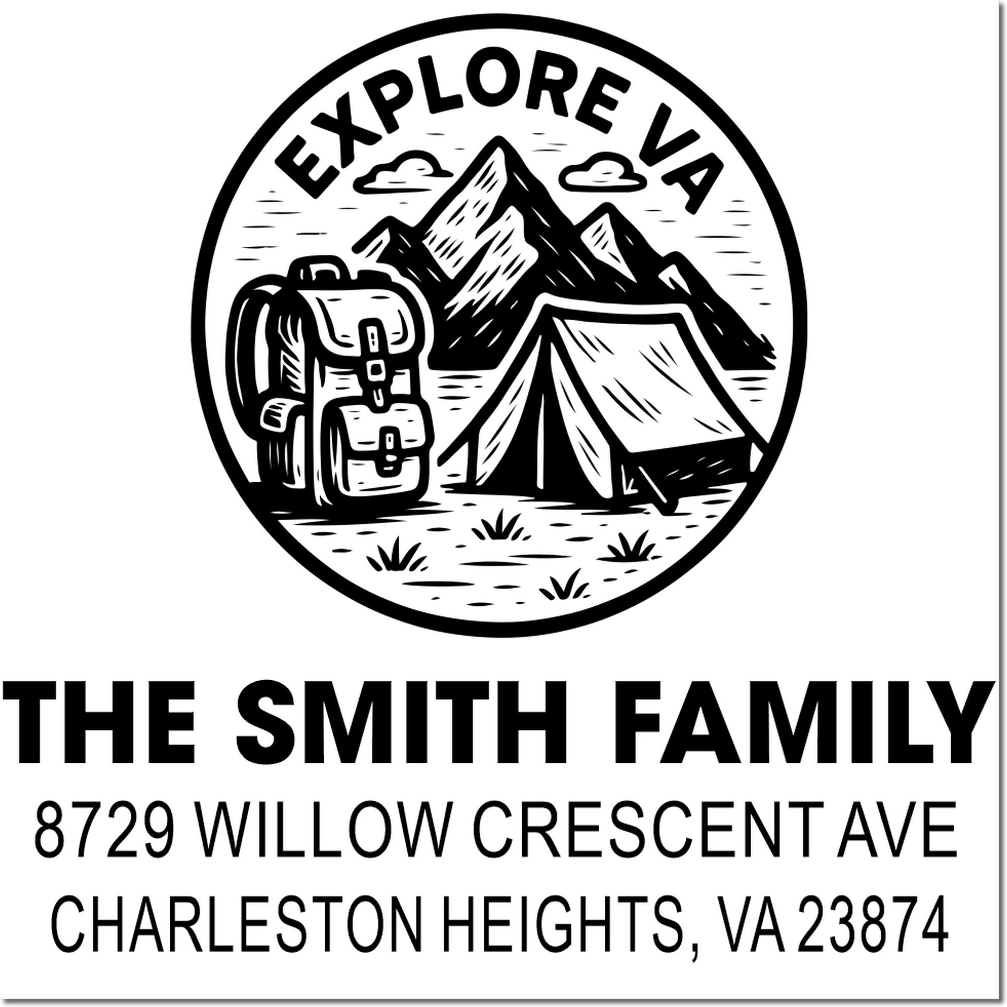 Personalized camping address stamp with backpack, tent and mountain scene, Explore VA text, and The Smith Family Charleston Heights, VA address.
