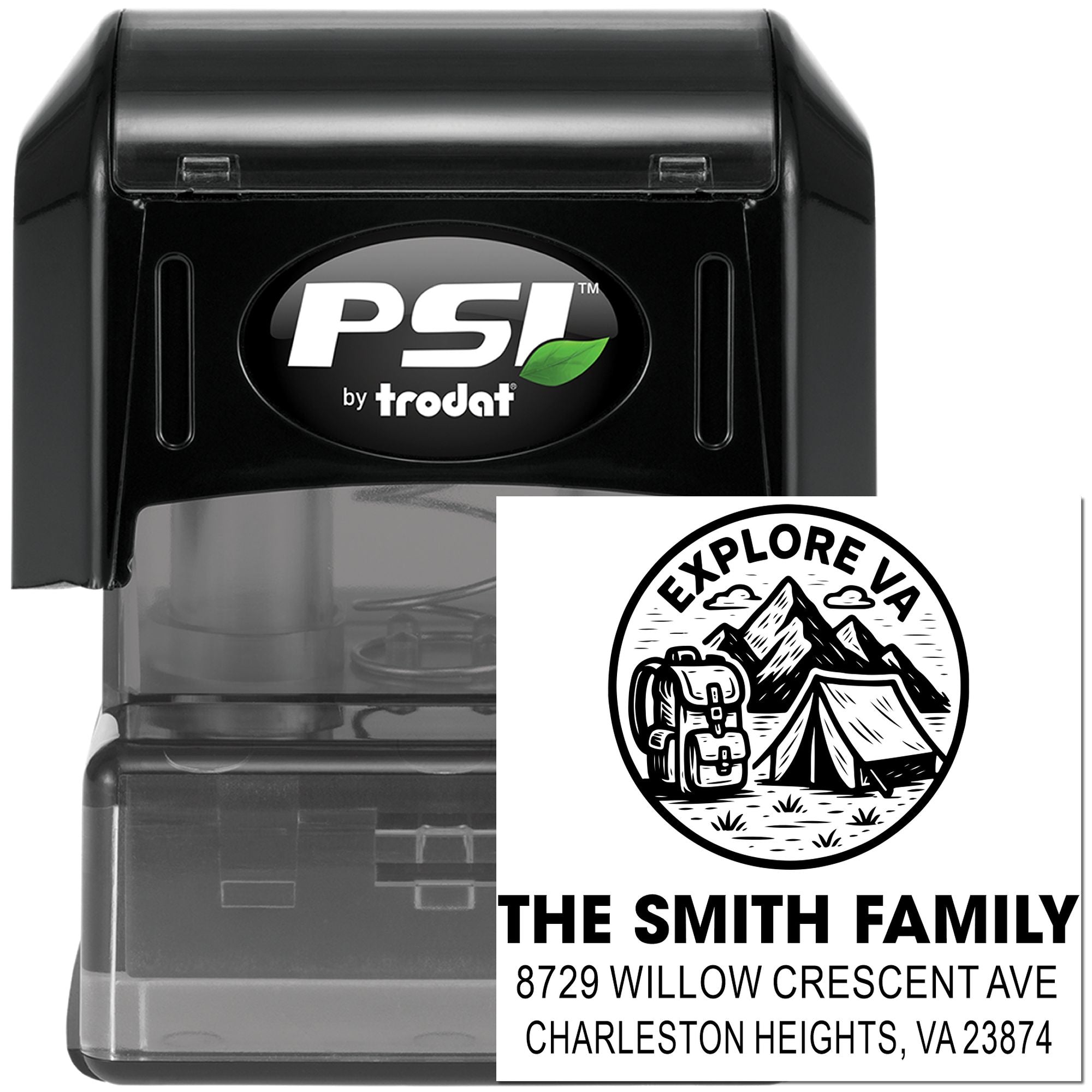PSI by Trodat self-inking custom address stamp with Explore VA camping logo for The Smith Family on white background
