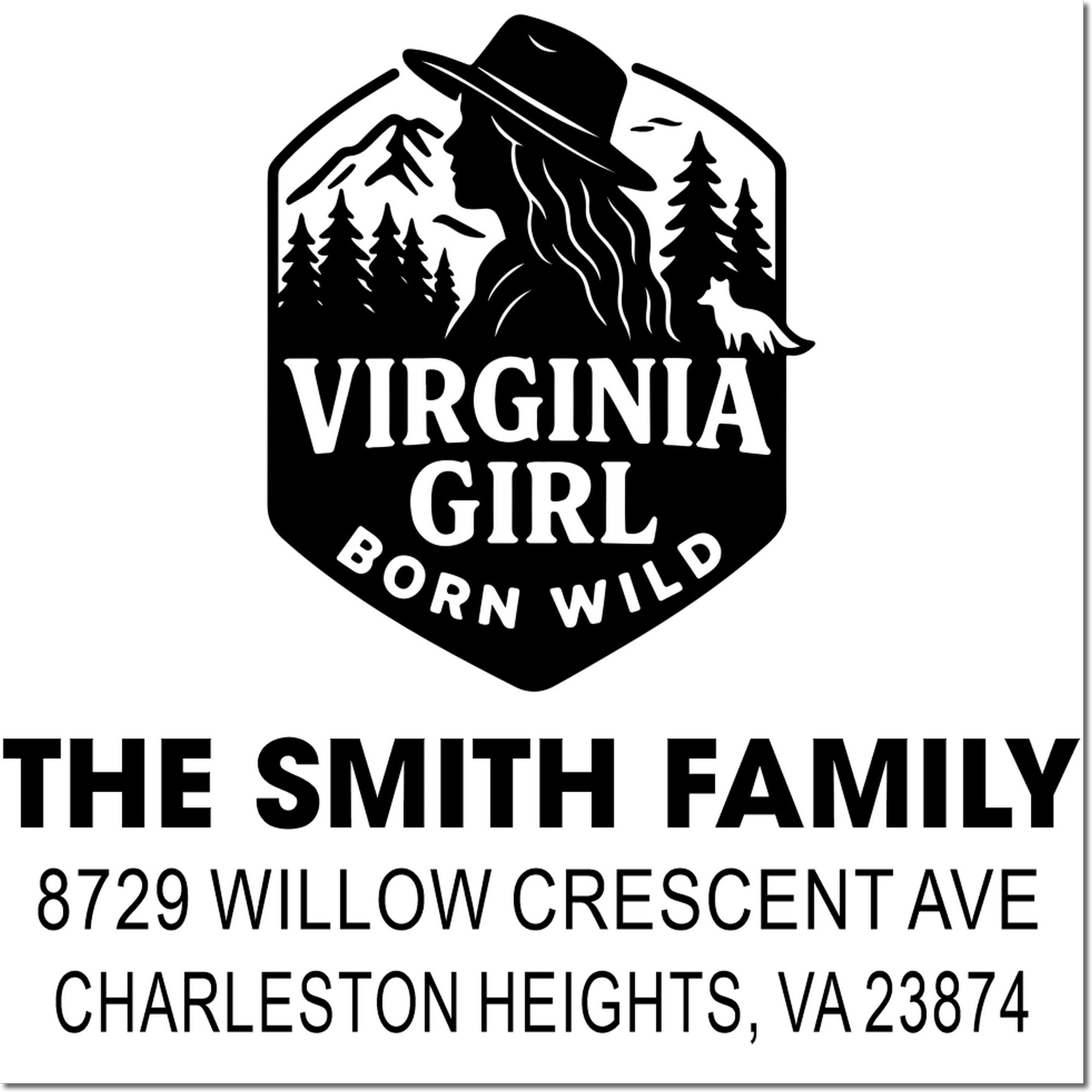 Custom Virginia Girl Born Wild rubber stamp with The Smith Family name and return address.