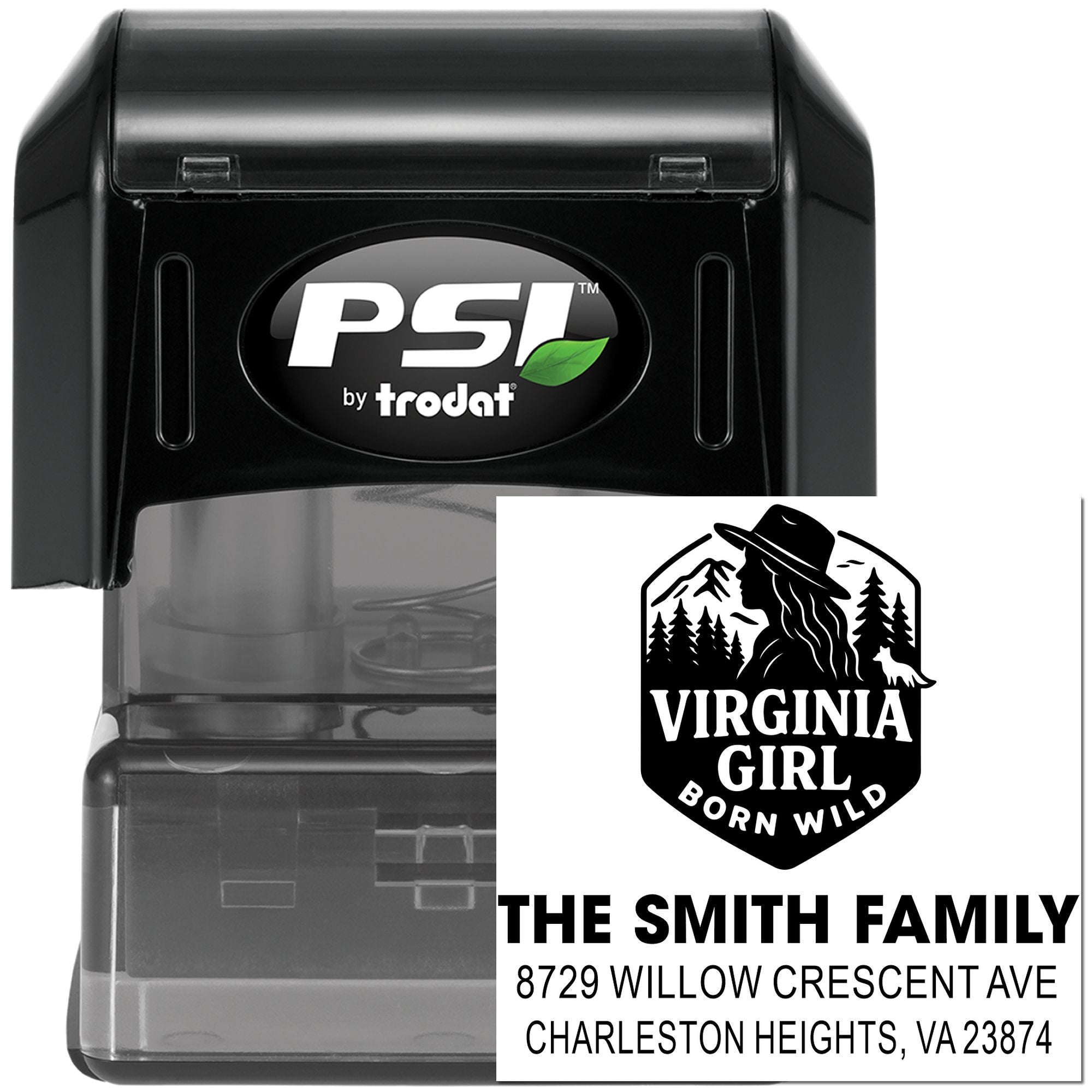 PSI by Trodat self-inking stamp with custom Virginia Girl Born Wild design and The Smith Family return address on white background