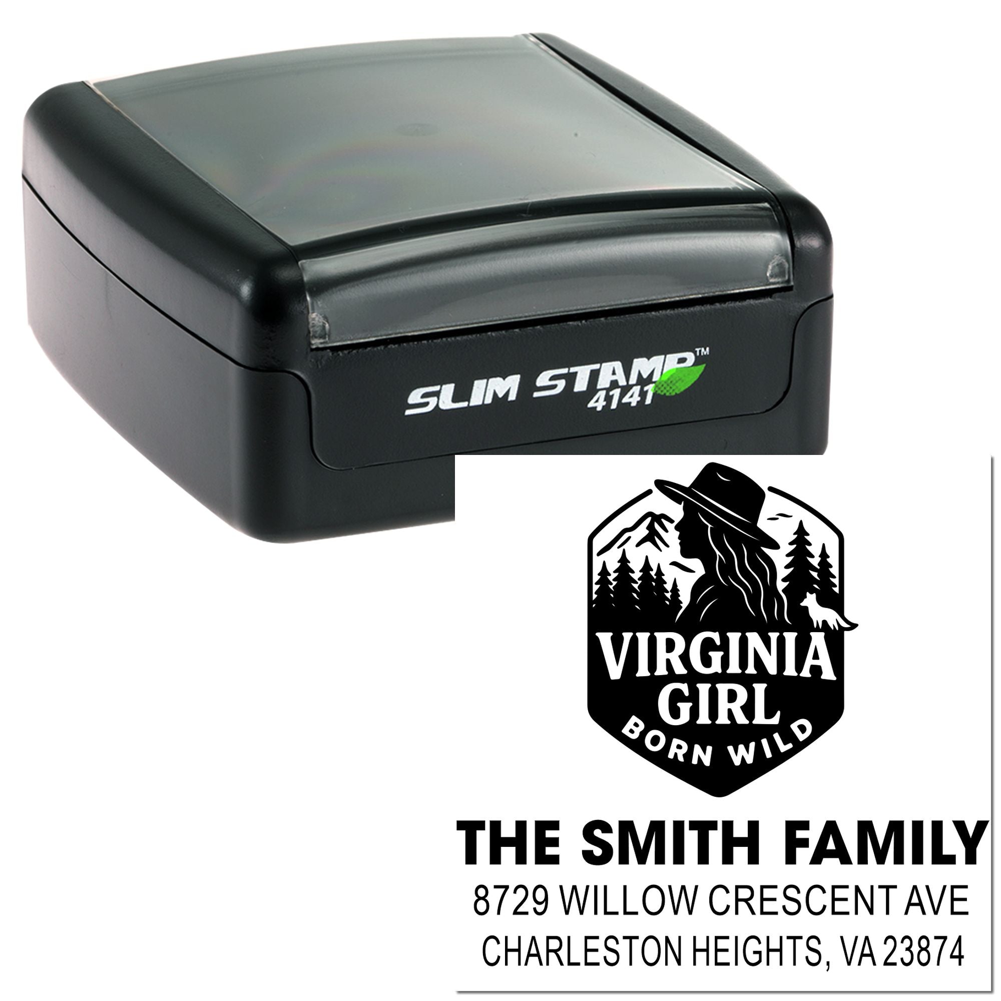 Custom self-inking address stamp with Virginia Girl Born Wild design and The Smith Family return address in Charleston Heights, VA.