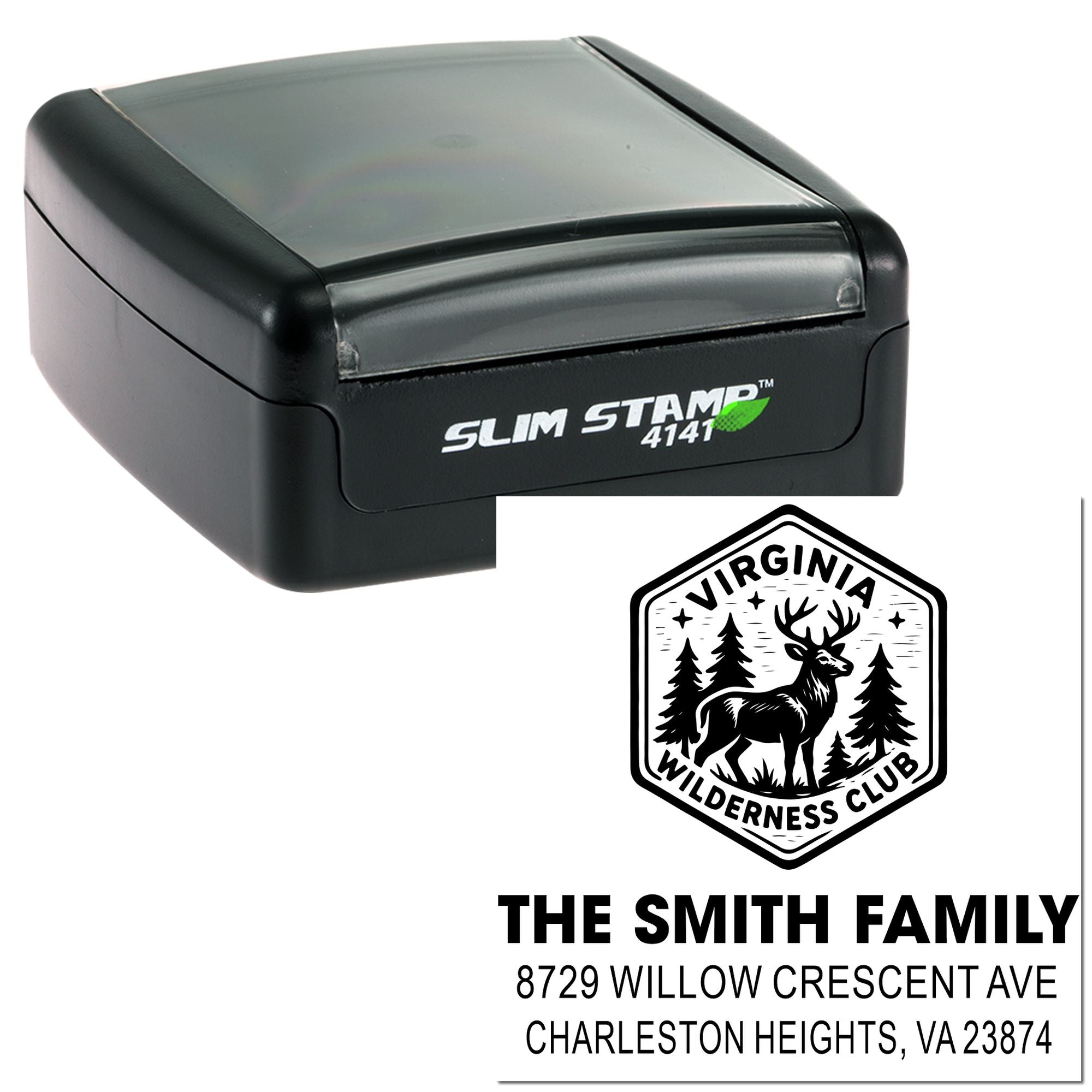 Custom self-inking stamp with Virginia Wilderness Club deer logo and The Smith Family address, shown beside a black Slim Stamp 4141 on white background.