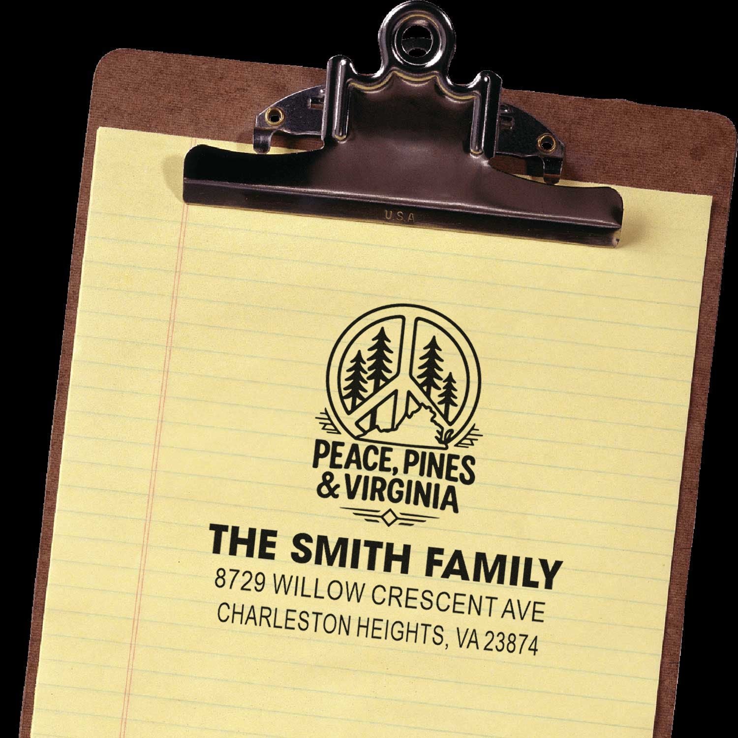 Custom rubber address stamp for The Smith Family with Peace, Pines & Virginia logo, Charleston Heights, VA.