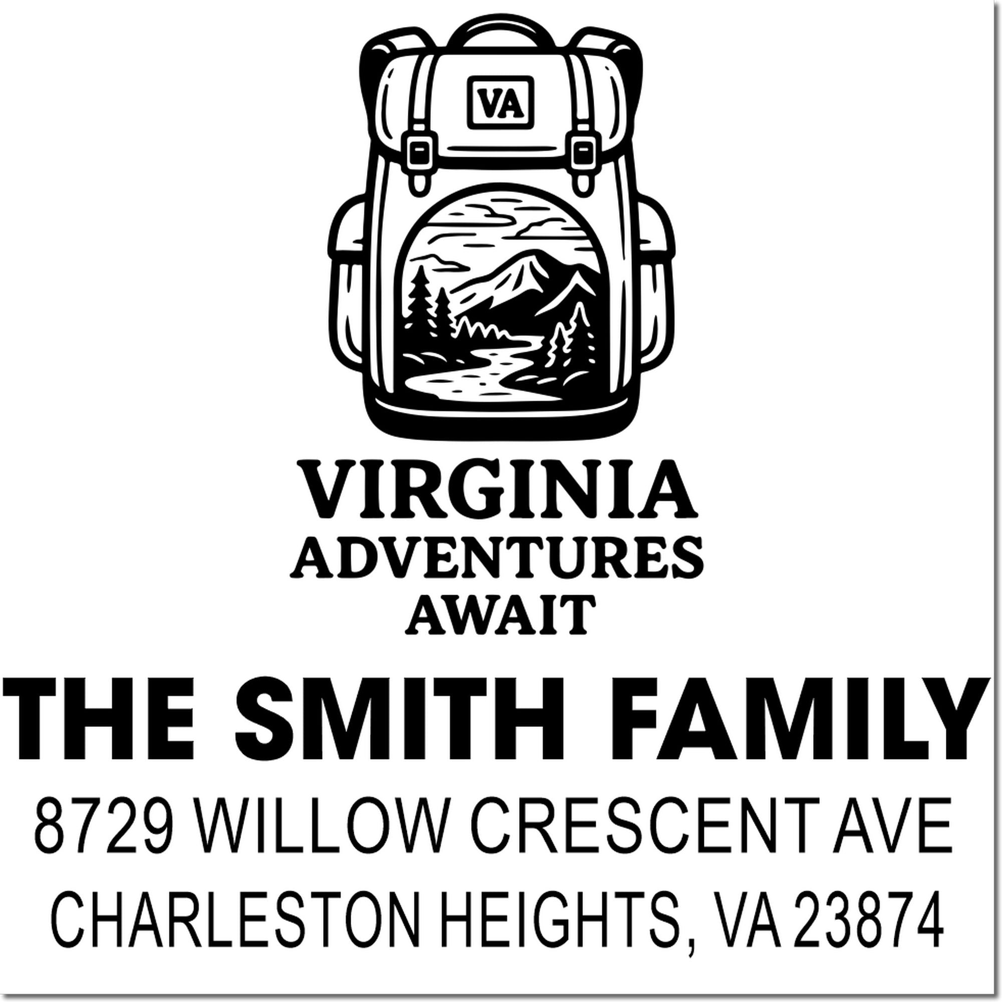 Virginia Adventures Await custom address stamp with backpack mountain scene for The Smith Family, 8729 Willow Crescent Ave, Charleston Heights, VA