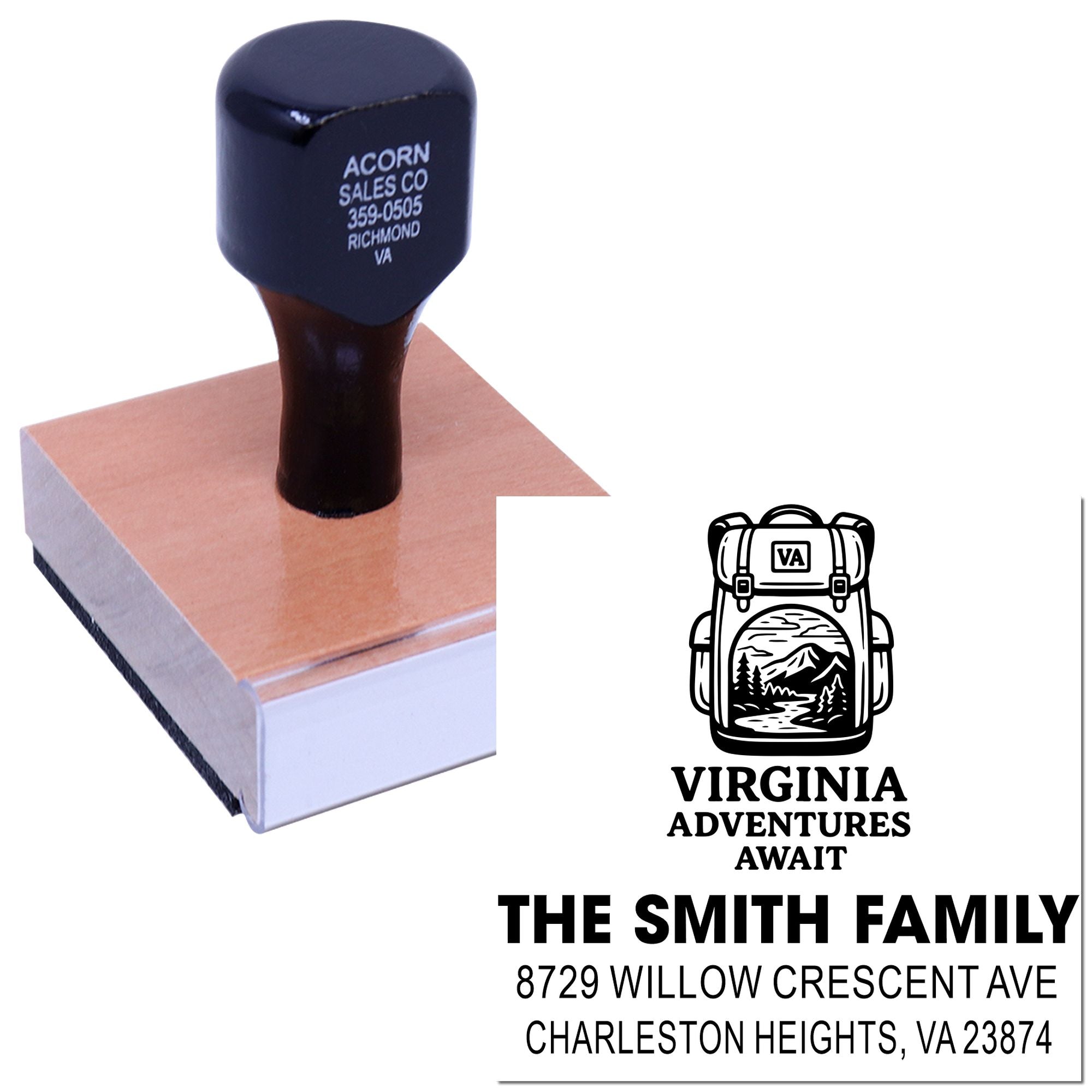 Custom rubber stamp on wooden block with Virginia Adventures Await design and Smith Family address, shown beside stamped preview.
