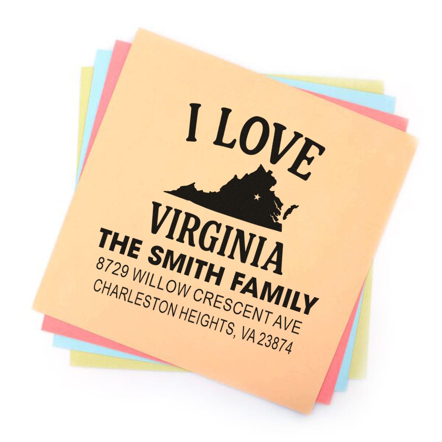 Custom Virginia family address stamp with I LOVE VIRGINIA text, state silhouette, and name/address details on stacked pastel stamp cards.