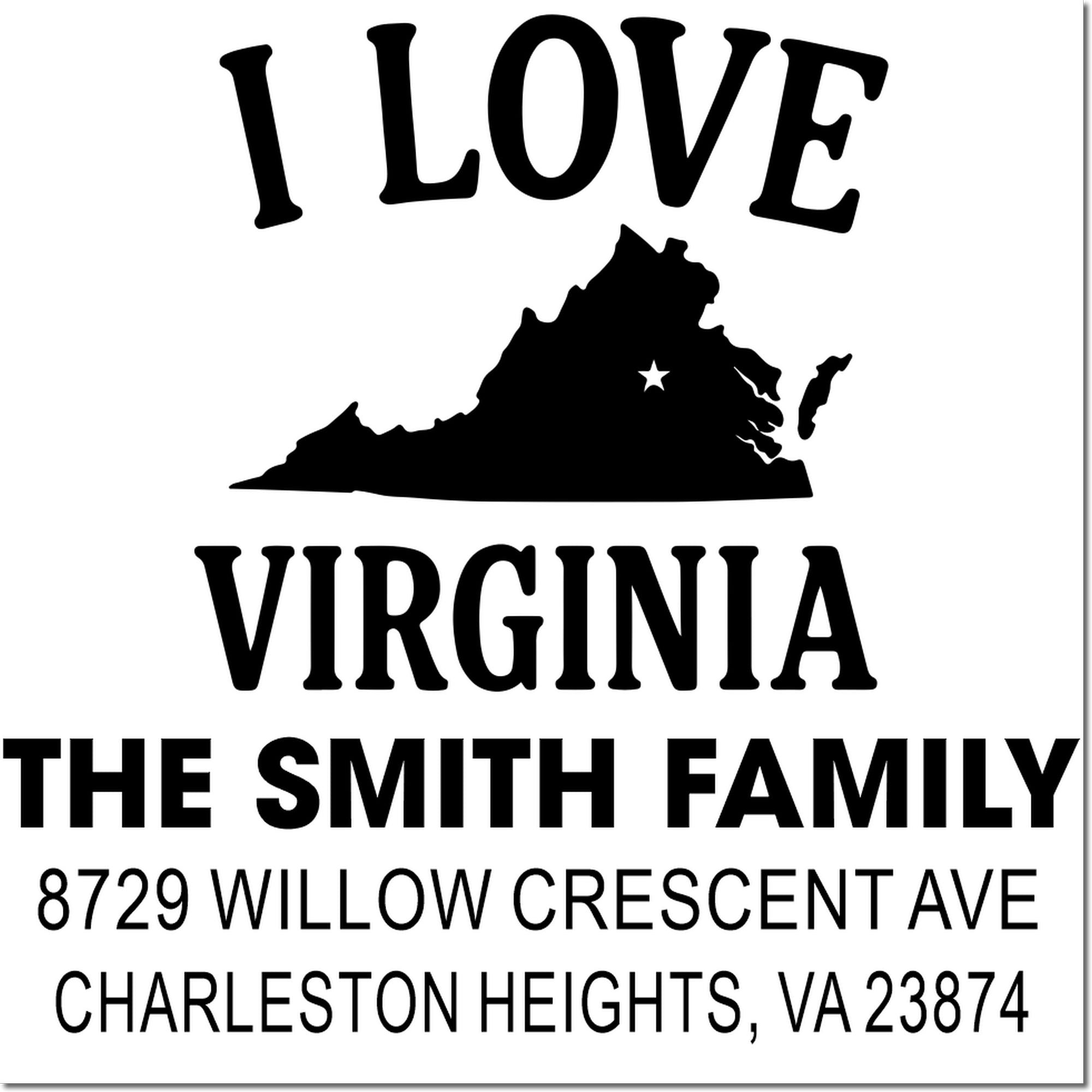 Custom Virginia return address stamp with I LOVE VIRGINIA text, state map silhouette, The Smith Family, and Charleston Heights, VA address.