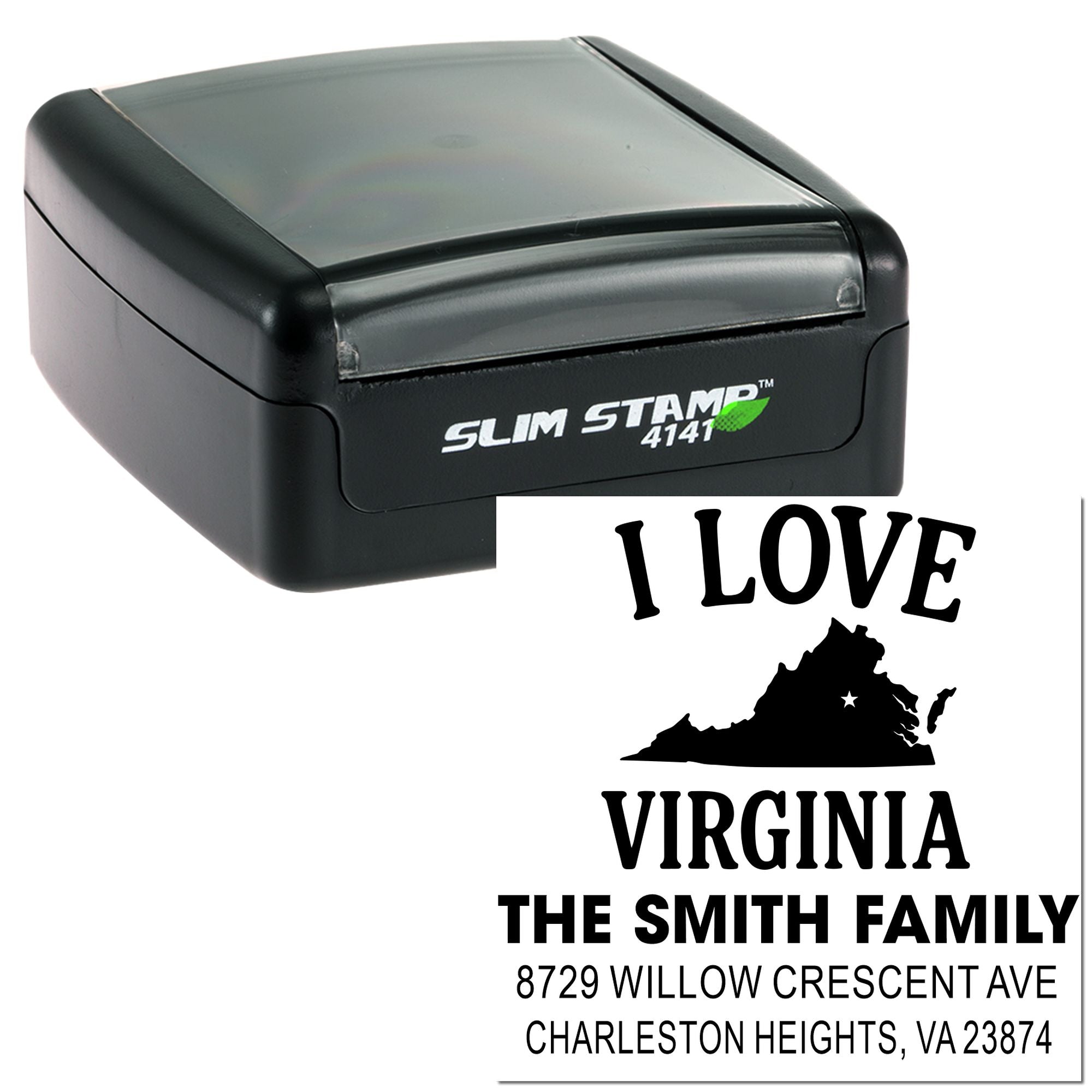 Self-inking Slim Stamp 4141 custom return address stamp with I Love Virginia design, The Smith Family, Charleston Heights, VA.