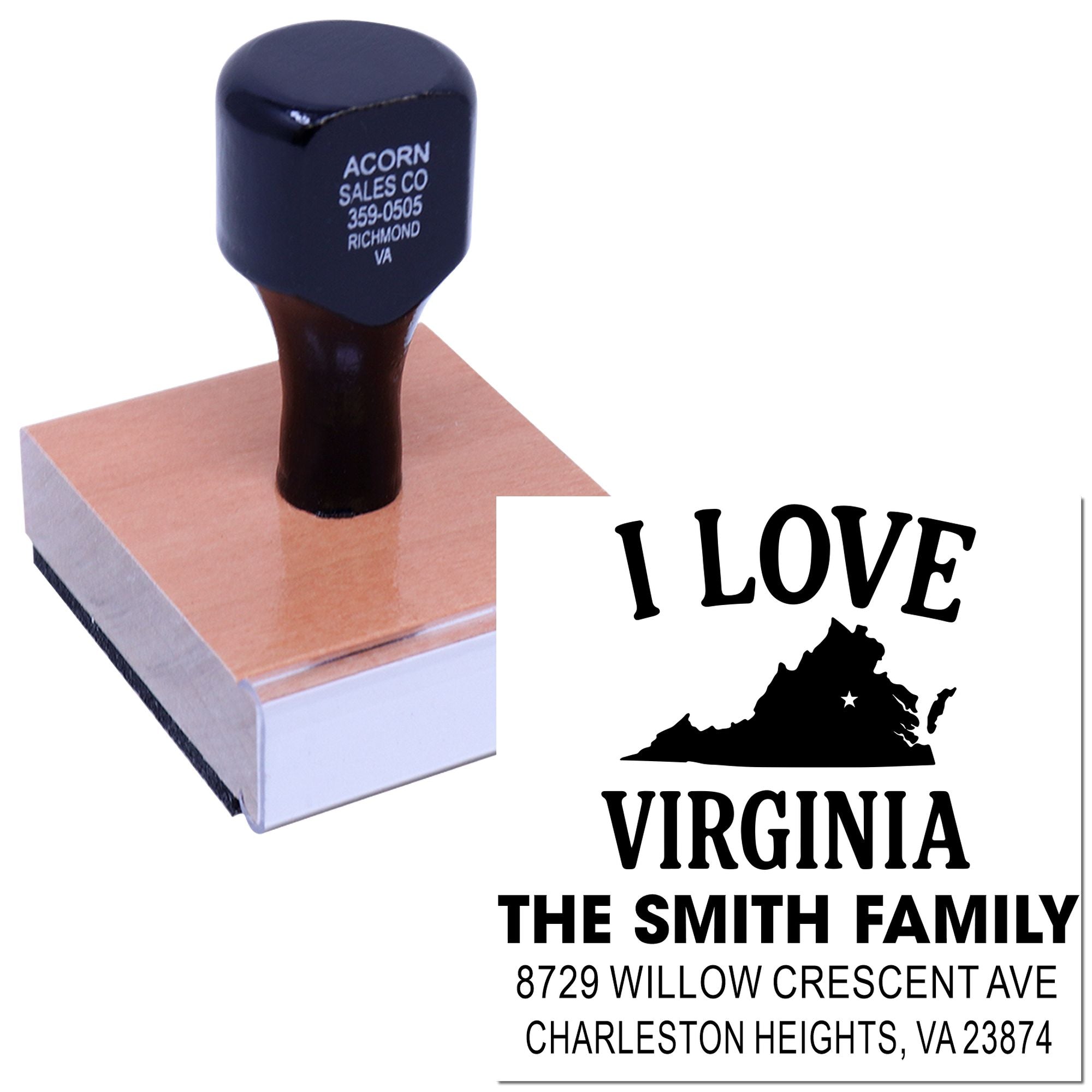 Custom self-inking stamp with I Love Virginia design and The Smith Family return address, shown on a stamp block against a white background.