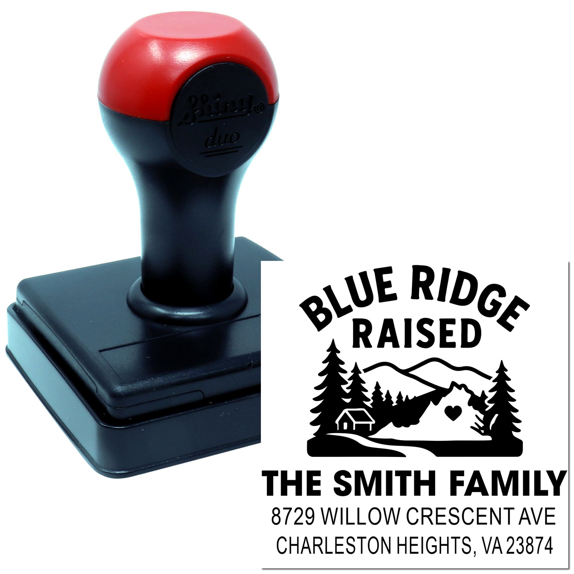 Custom self-inking Blue Ridge Raised stamp with black and red handle, showing a family name, mountain logo, and address imprint on white background.