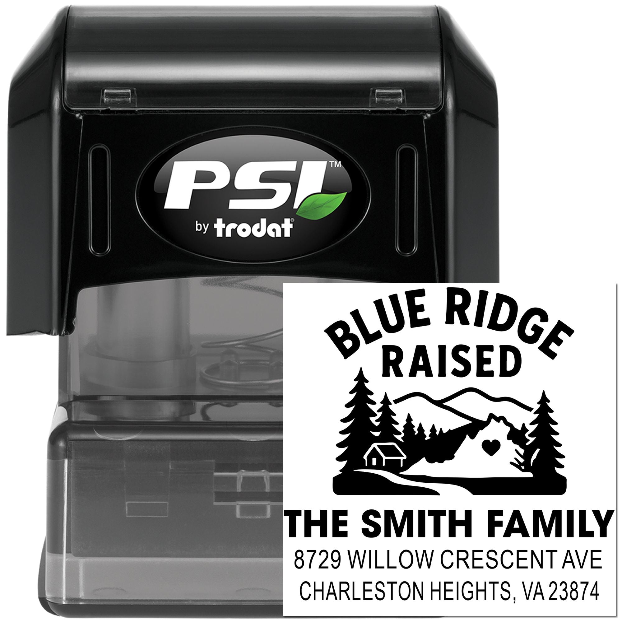 PSI by Trodat self-inking address stamp with custom Blue Ridge Raised family design, mountain scene, and Charleston Heights, VA address.