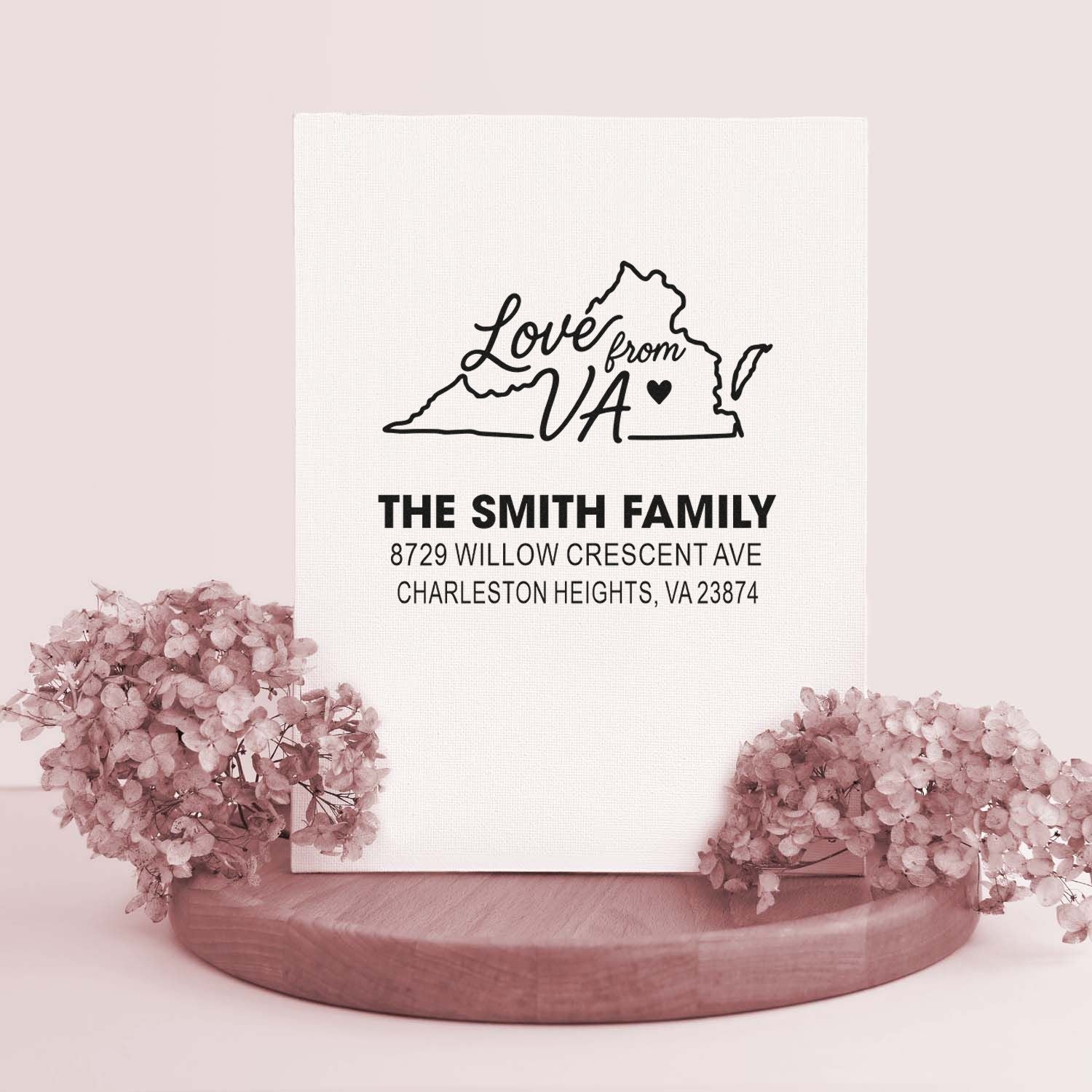 Custom return address stamp with Virginia Love from VA design, The Smith Family name, and Charleston Heights, VA address, styled with pink flowers.