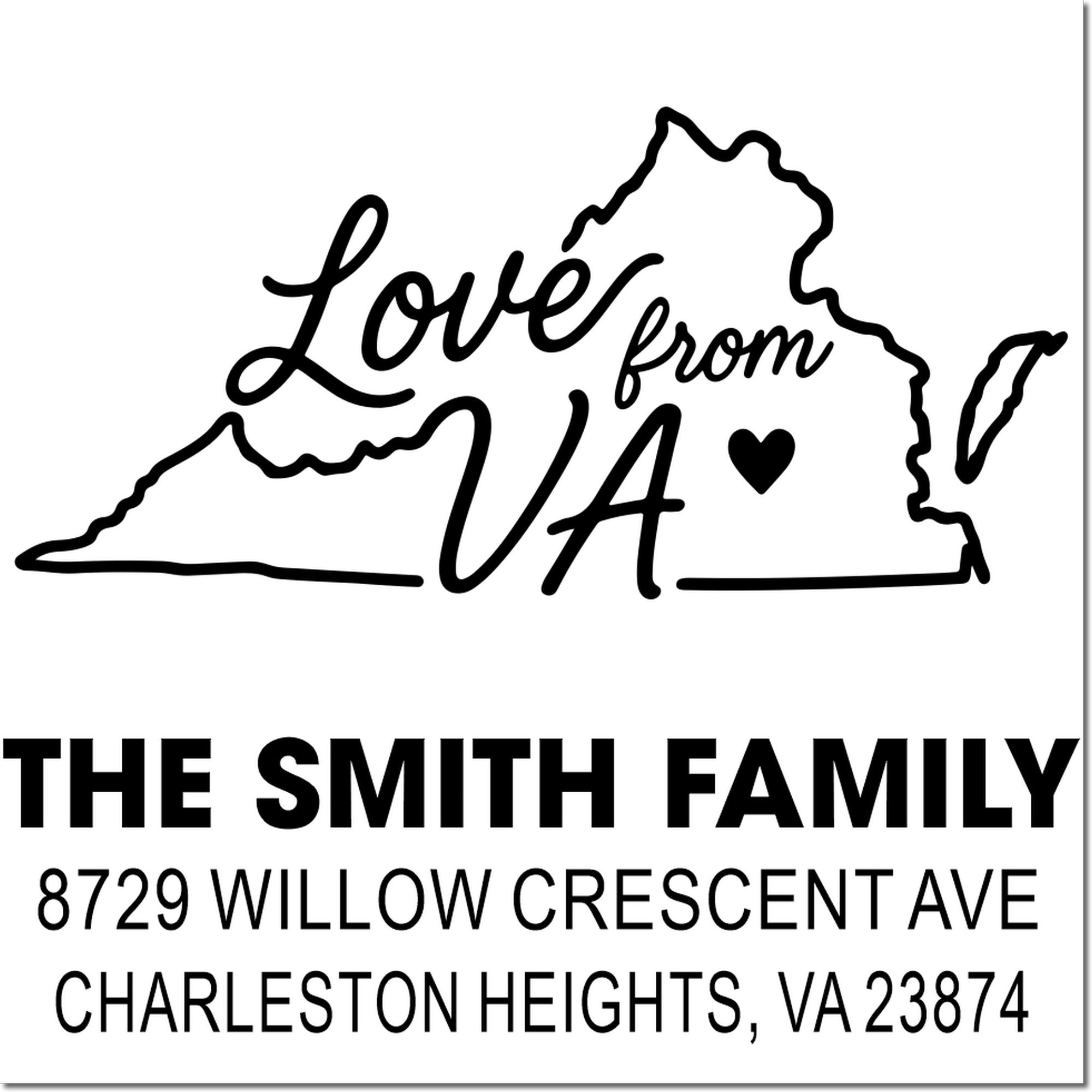 Virginia state-shaped Love from VA custom address stamp for The Smith Family, Charleston Heights, VA 23874.