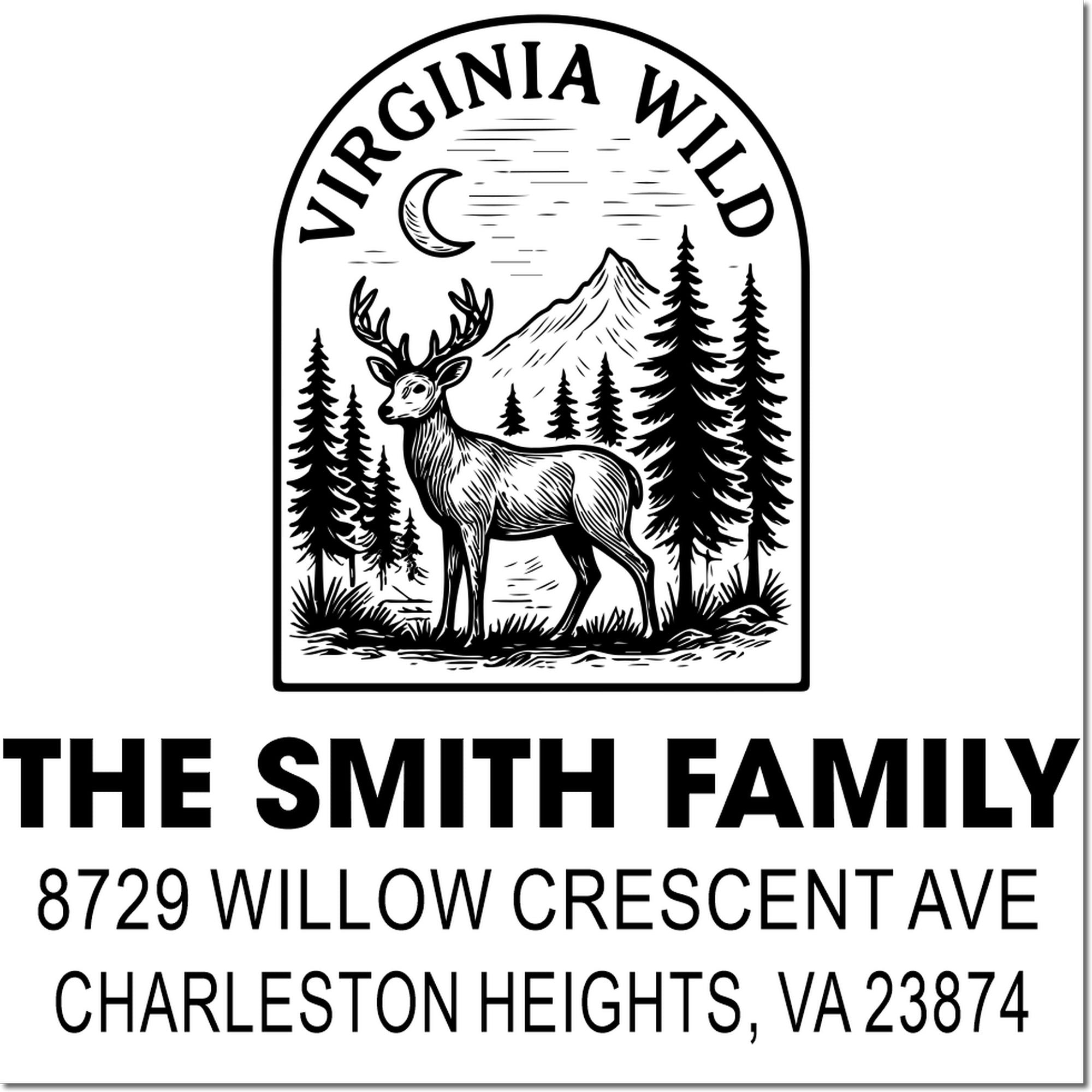 Custom address stamp with Virginia Wild deer, mountain and pine tree design, featuring The Smith Family and Charleston Heights, VA address.