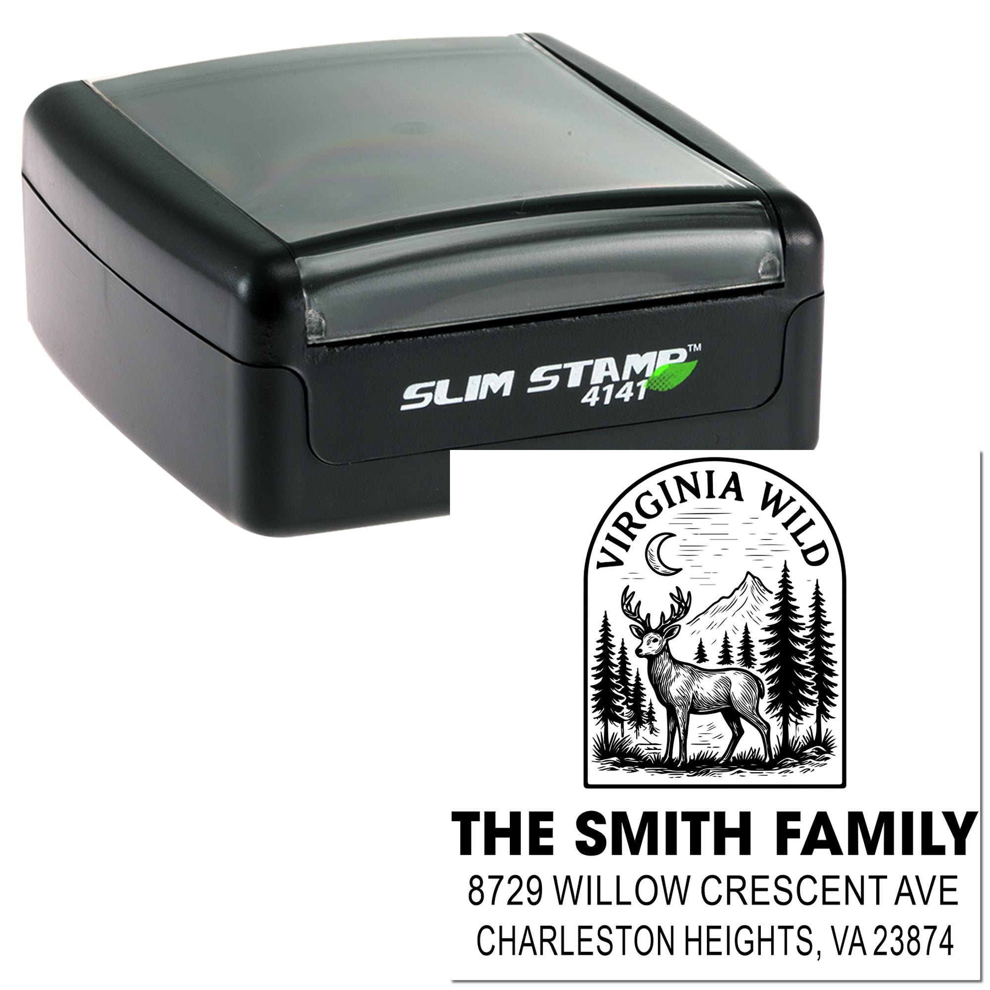 Custom Slim Stamp 4141 self-inking address stamp with Virginia Wild deer and mountain design for The Smith Family, Charleston Heights, VA.