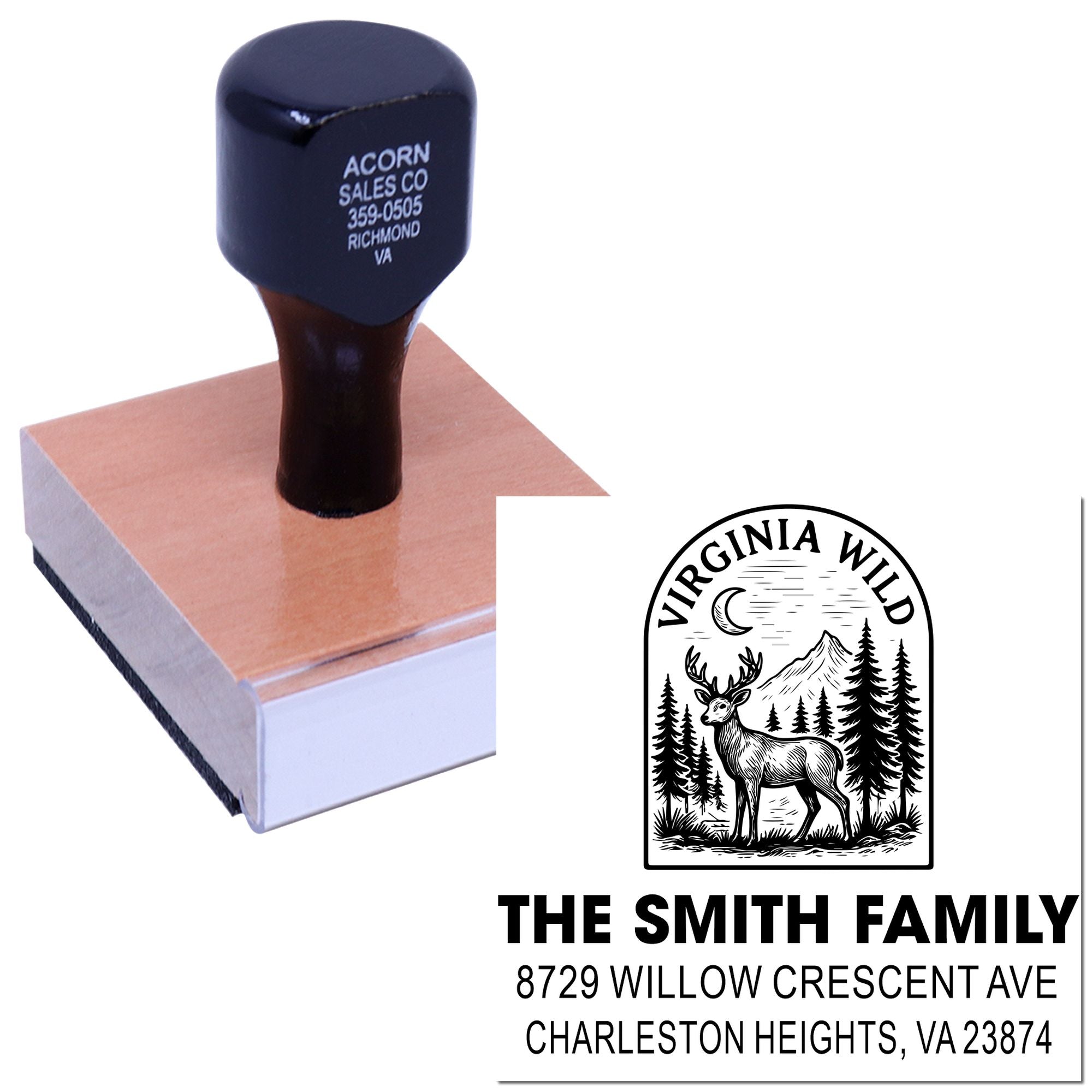 Custom rubber address stamp on a wooden block, with Virginia Wild deer logo and Smith family return address imprint on a white background.
