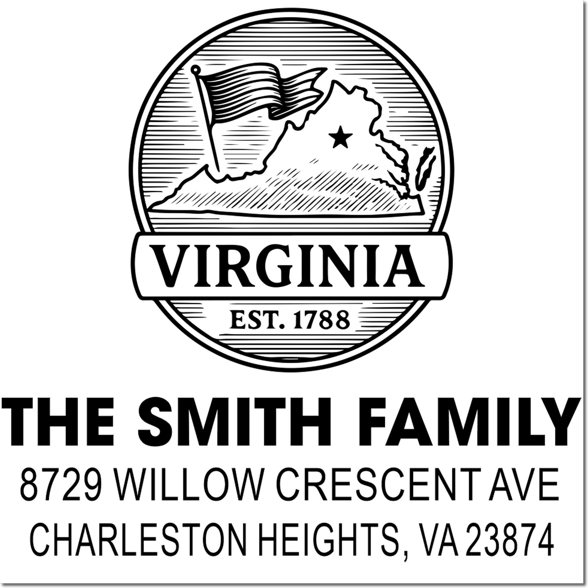 Virginia state custom stamp design with map, flag and star, labeled The Smith Family, 8729 Willow Crescent Ave, Charleston Heights, VA 23874.