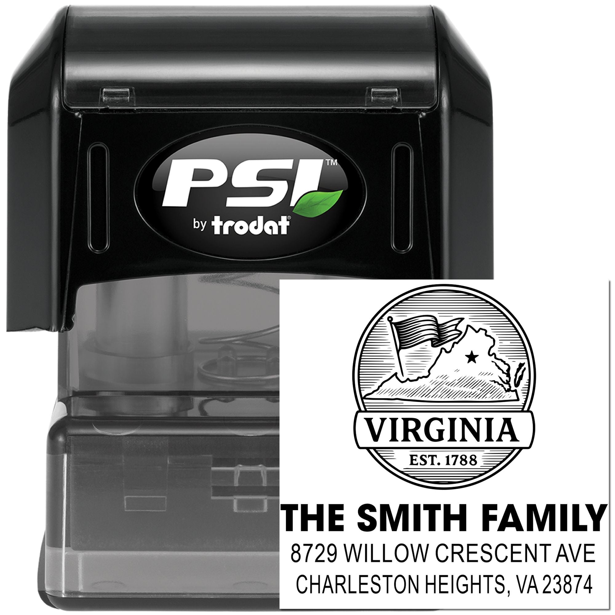 PSI by Trodat self-inking stamp with Virginia return address design for The Smith Family, featuring state seal and address on a black stamp body.