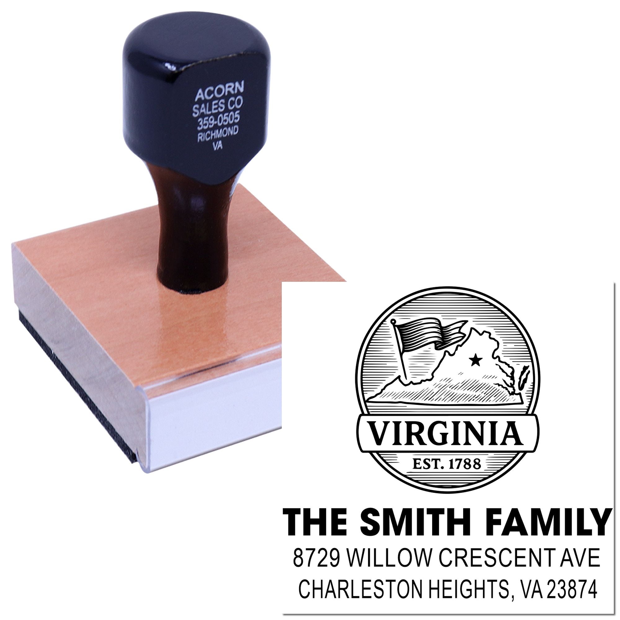 Custom self-inking Virginia address stamp with state seal design, family name, and address on a white background.