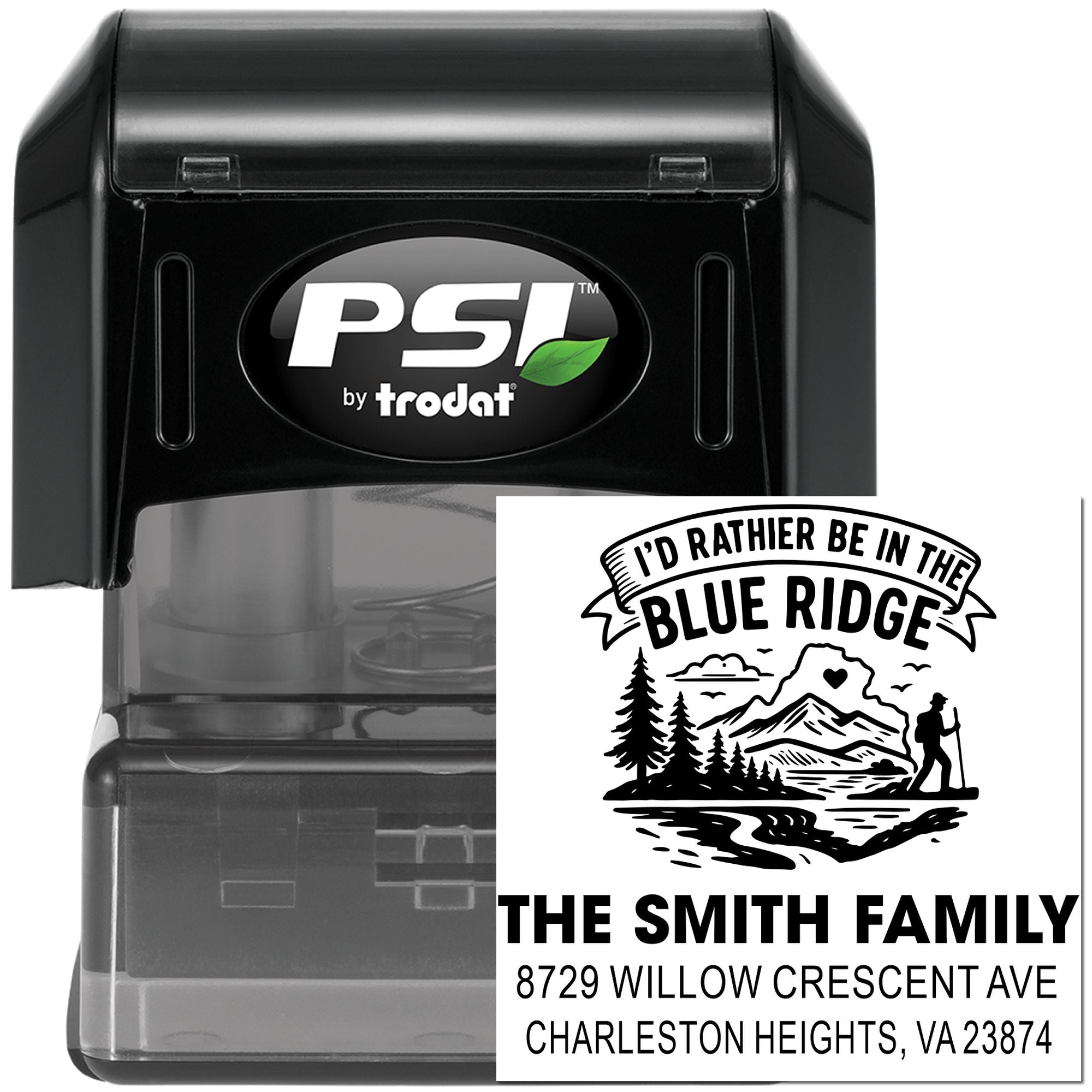 PSI by Trodat self-inking custom address stamp with Blue Ridge mountain design and The Smith Family return address on black stamp body.