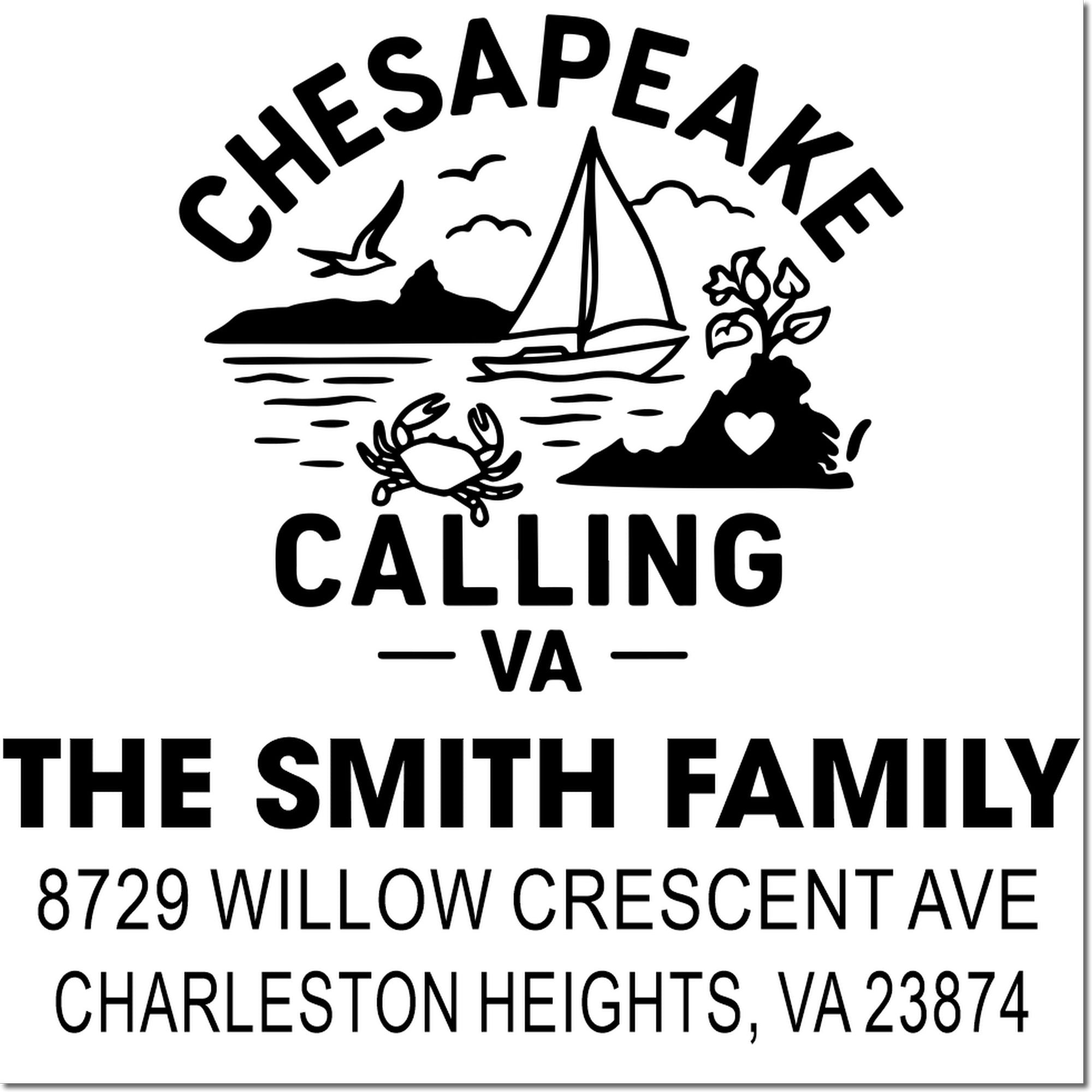 Custom Chesapeake Calling return address stamp for The Smith Family, featuring sailboat, crab, island, bird, and coastal scenery in Charleston Heights, VA.