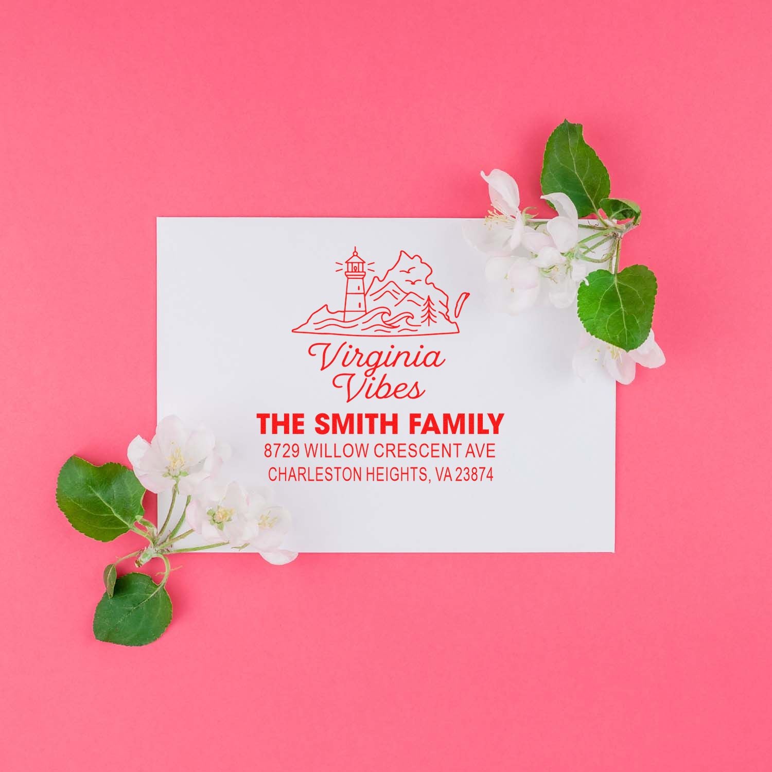 Custom Virginia Vibes address stamp for The Smith Family, featuring a lighthouse design on a white card with flowers against a pink background.