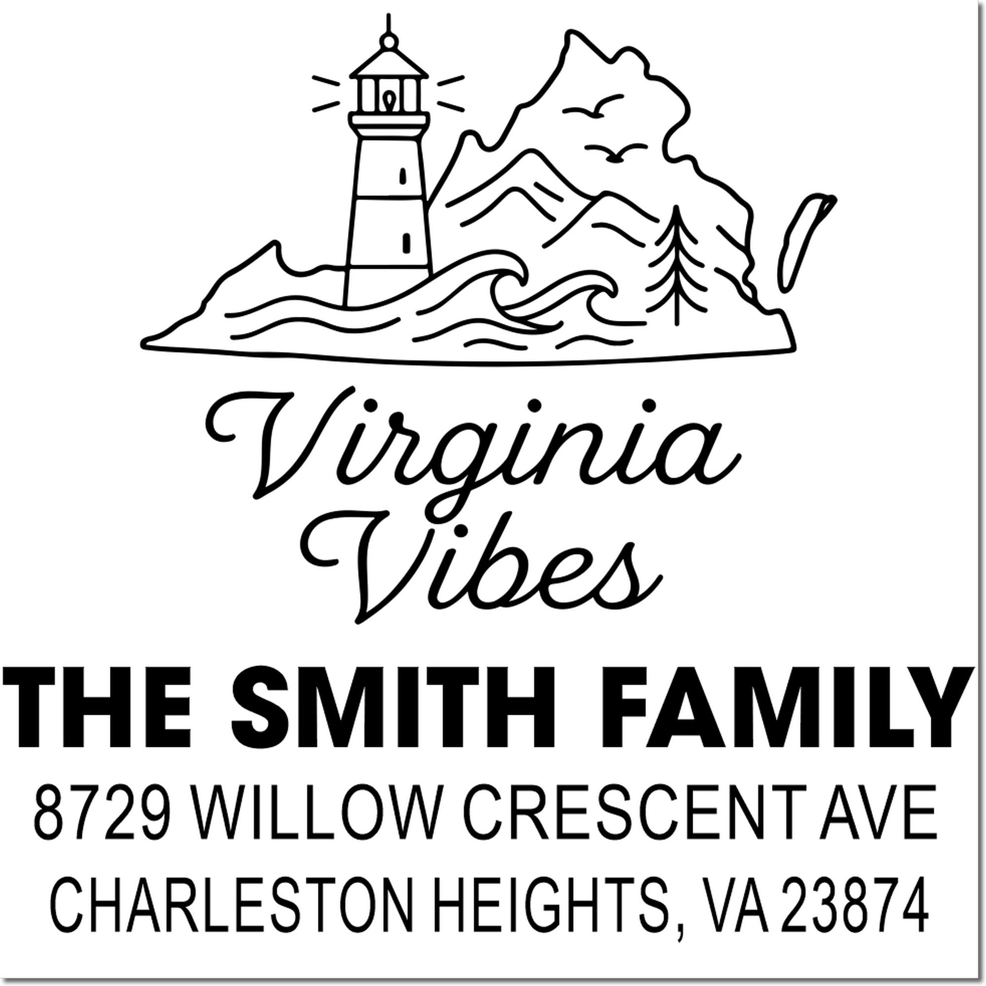 Virginia Vibes custom address stamp with lighthouse, mountains, waves and pine tree for The Smith Family, Charleston Heights, VA.