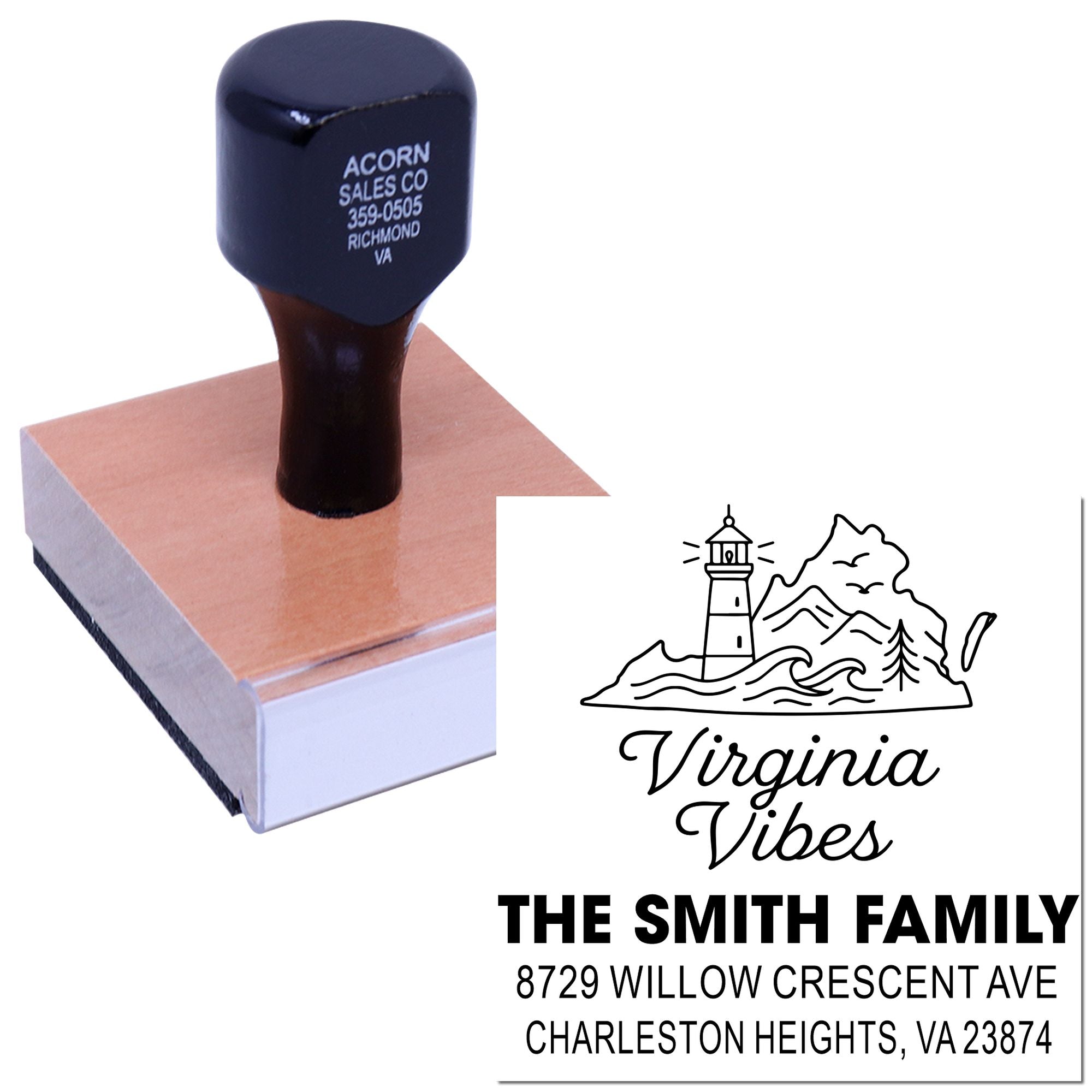 Custom Virginia address rubber stamp on white background, with wood handle and ink pad, featuring lighthouse design and The Smith Family address.