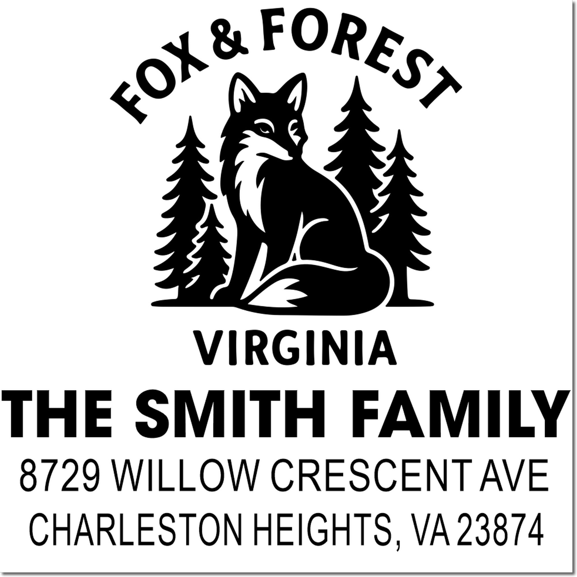 Personalized fox and forest Virginia family address stamp for The Smith Family, featuring Charleston Heights, VA 23874.