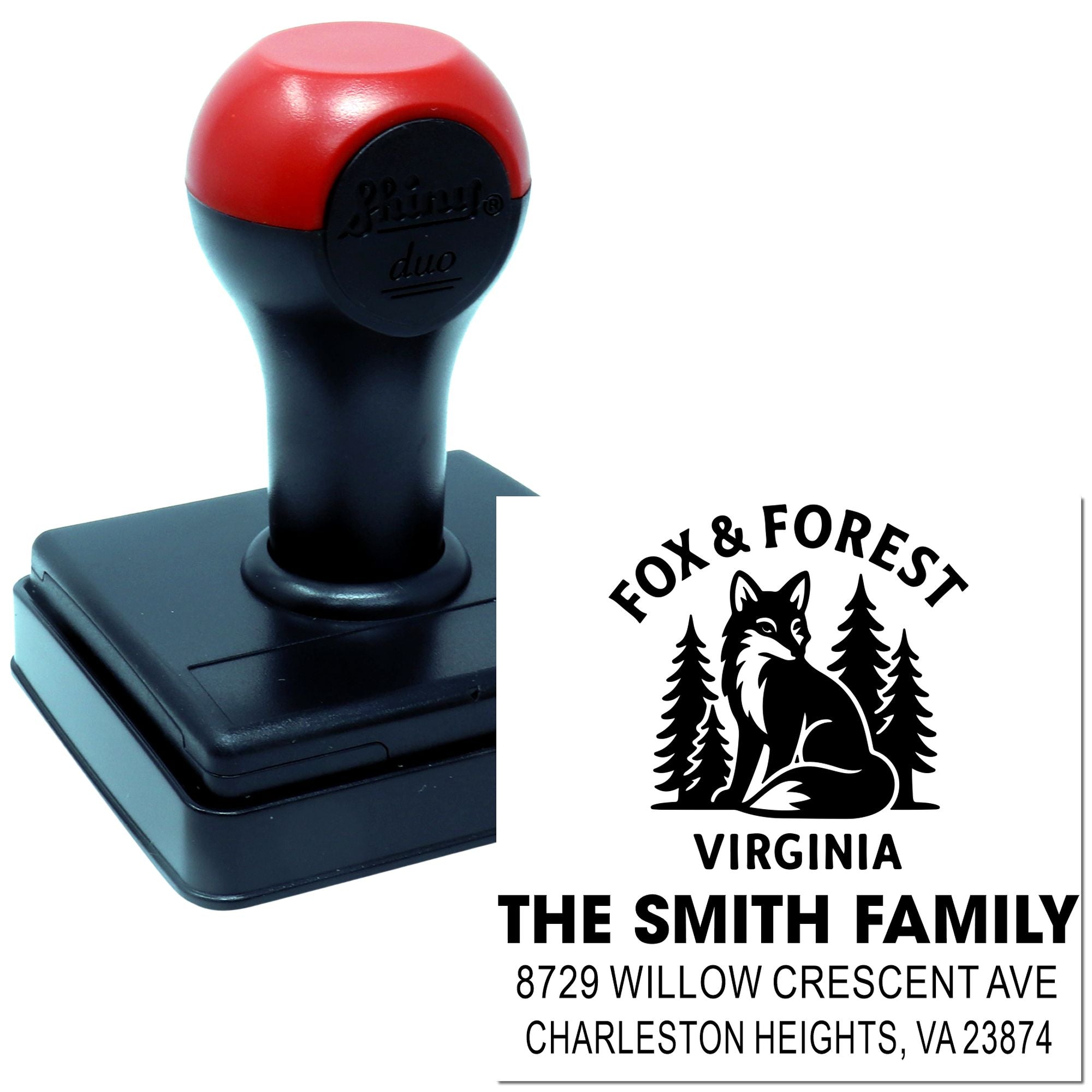 Custom self-inking stamp with Fox & Forest Virginia return address design, featuring a fox, trees, and The Smith Family name and address.