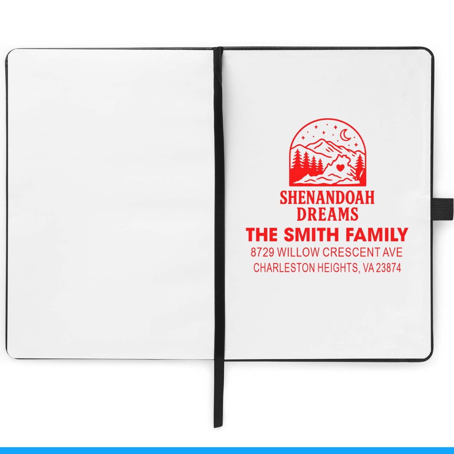 Custom red return address stamp on an open notebook, featuring Shenandoah Dreams logo, The Smith Family name, and Charleston Heights, VA address.