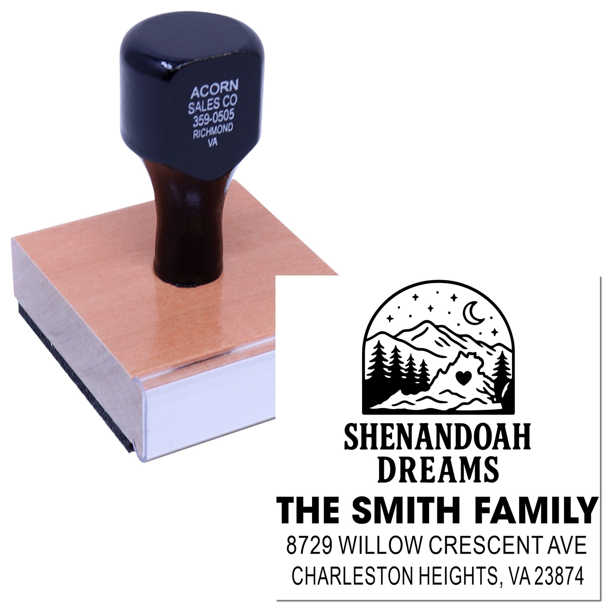 Custom self-inking address stamp with Shenandoah Dreams family return address and mountain logo, shown on a wooden block with printed impression on white background.