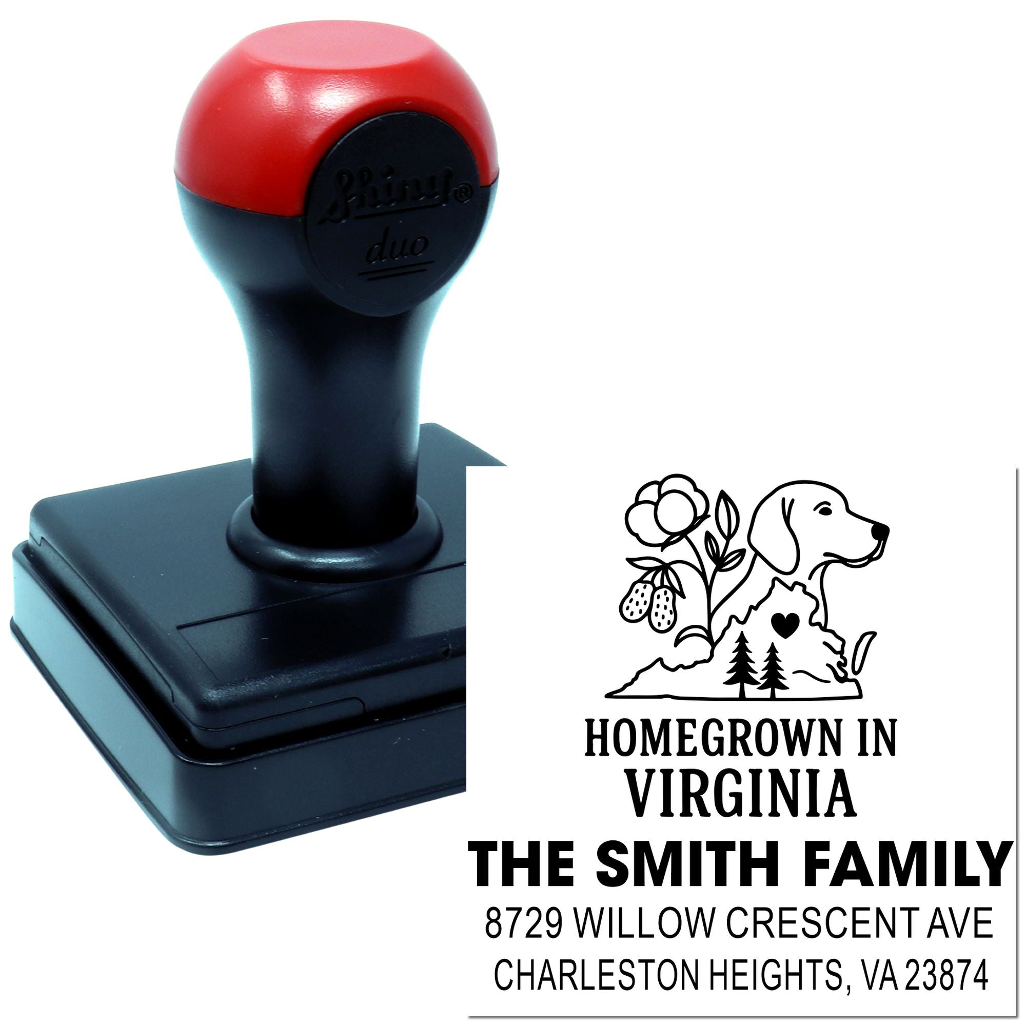 Custom self-inking address stamp with red-and-black handle, featuring Homegrown in Virginia farm dog design, family name, and address.