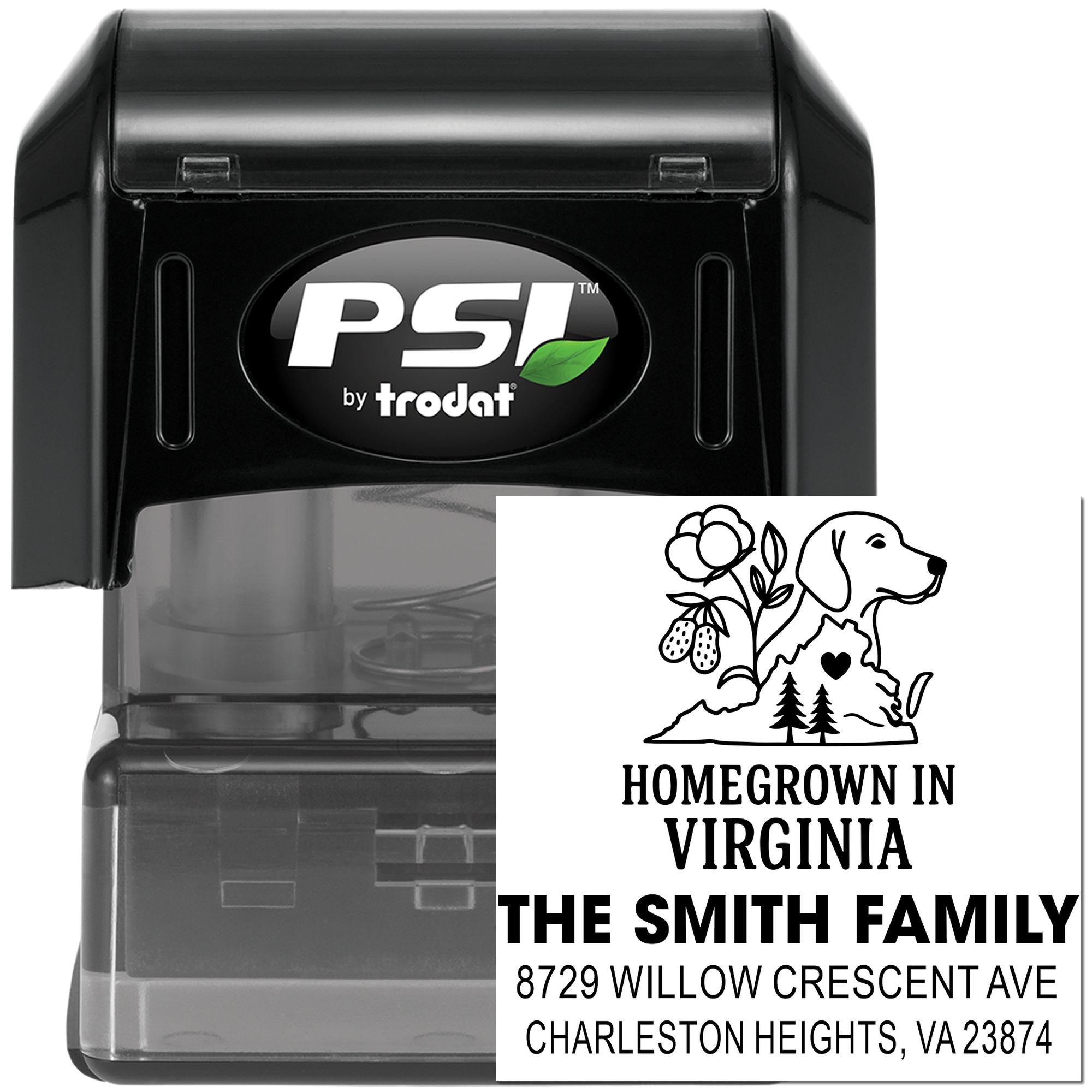 PSI by Trodat self-inking custom address stamp with Virginia dog-and-flower design and Smith family return address on black stamp case.