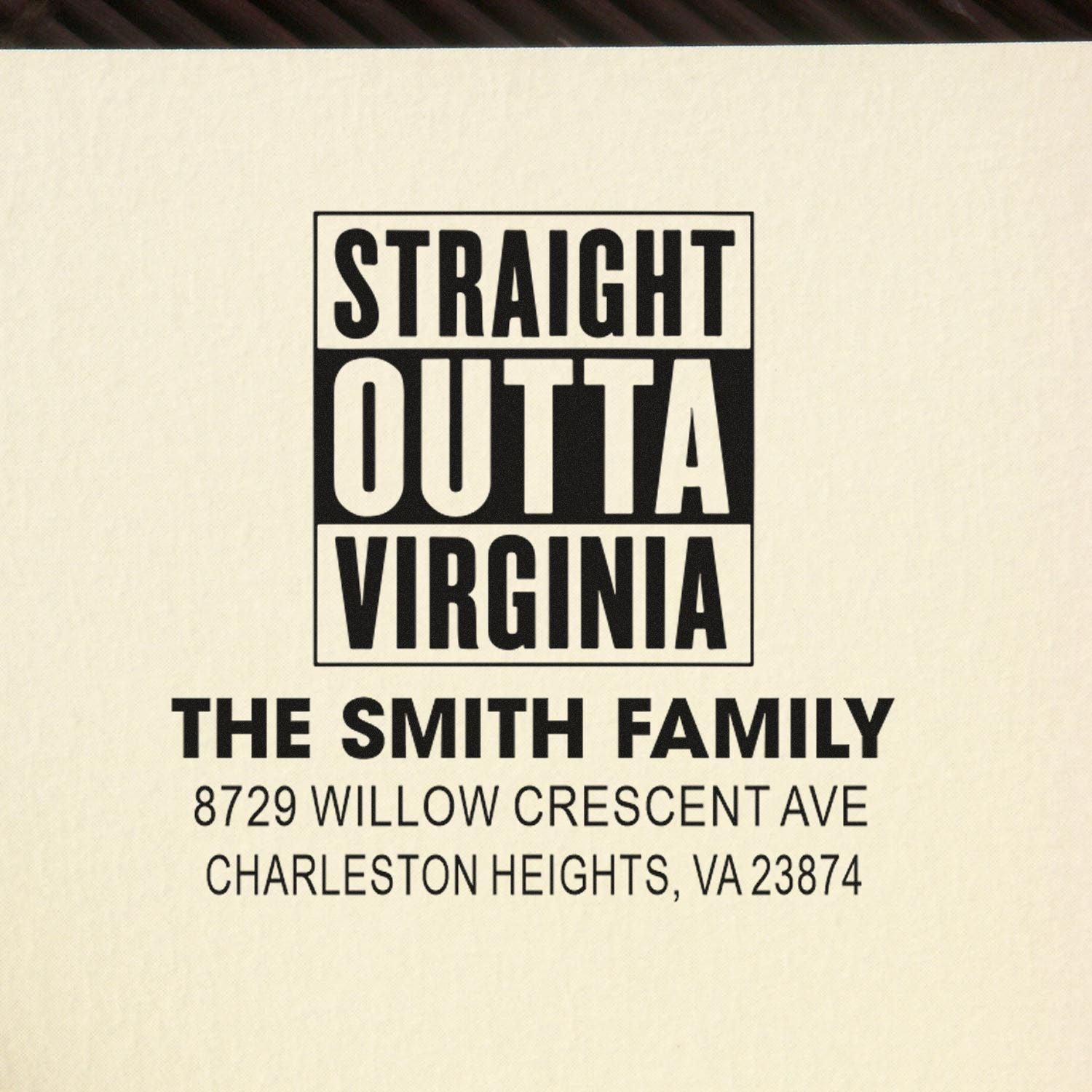 Personalized Straight Outta Virginia return address stamp for The Smith Family, featuring Charleston Heights, VA 23874.
