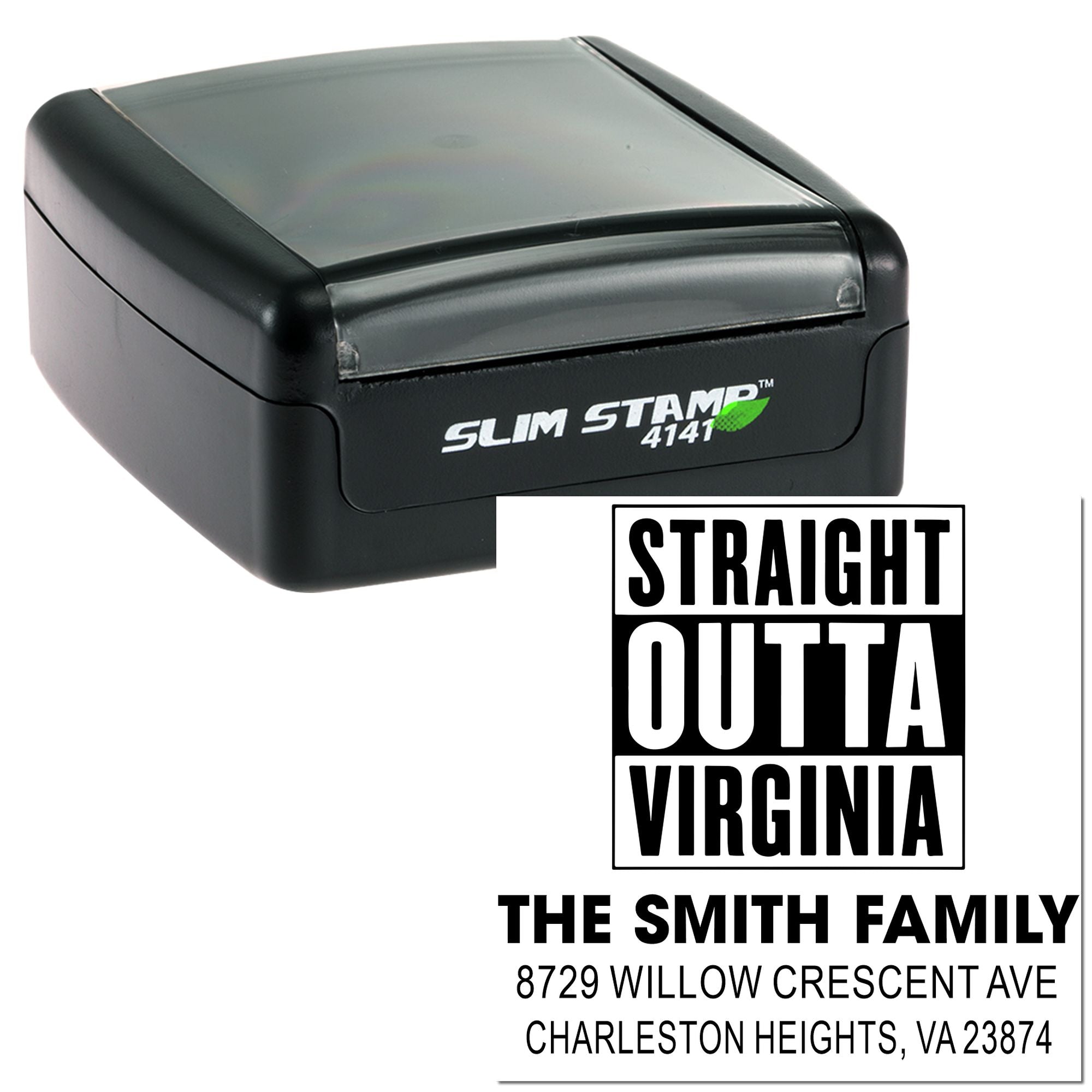 Personalized self-inking stamp featuring Straight Outta Virginia for The Smith Family with address, shown on white background.