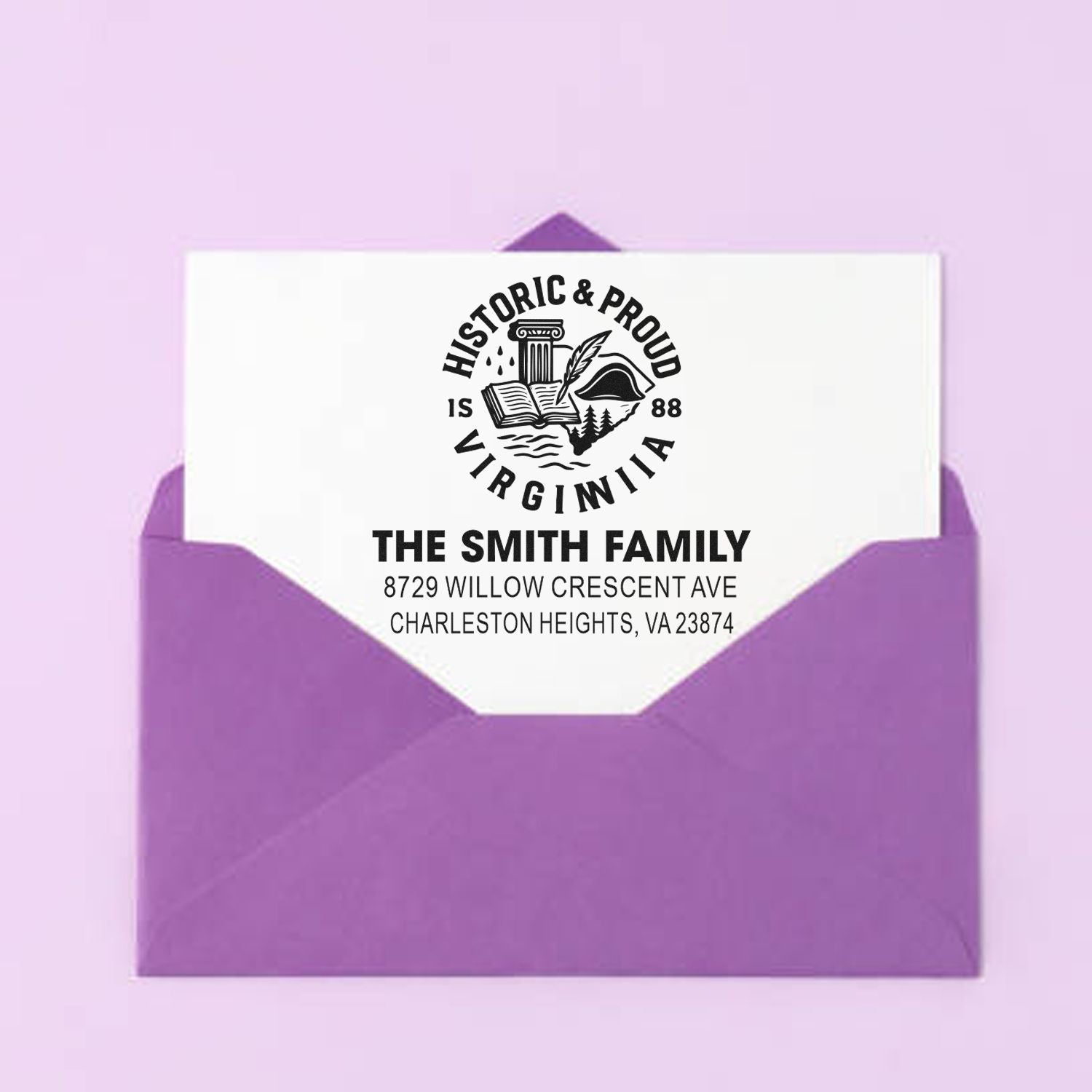 Custom family return address stamp on a purple envelope, featuring Historic & Proud Virginia design for The Smith Family, Charleston Heights, VA.