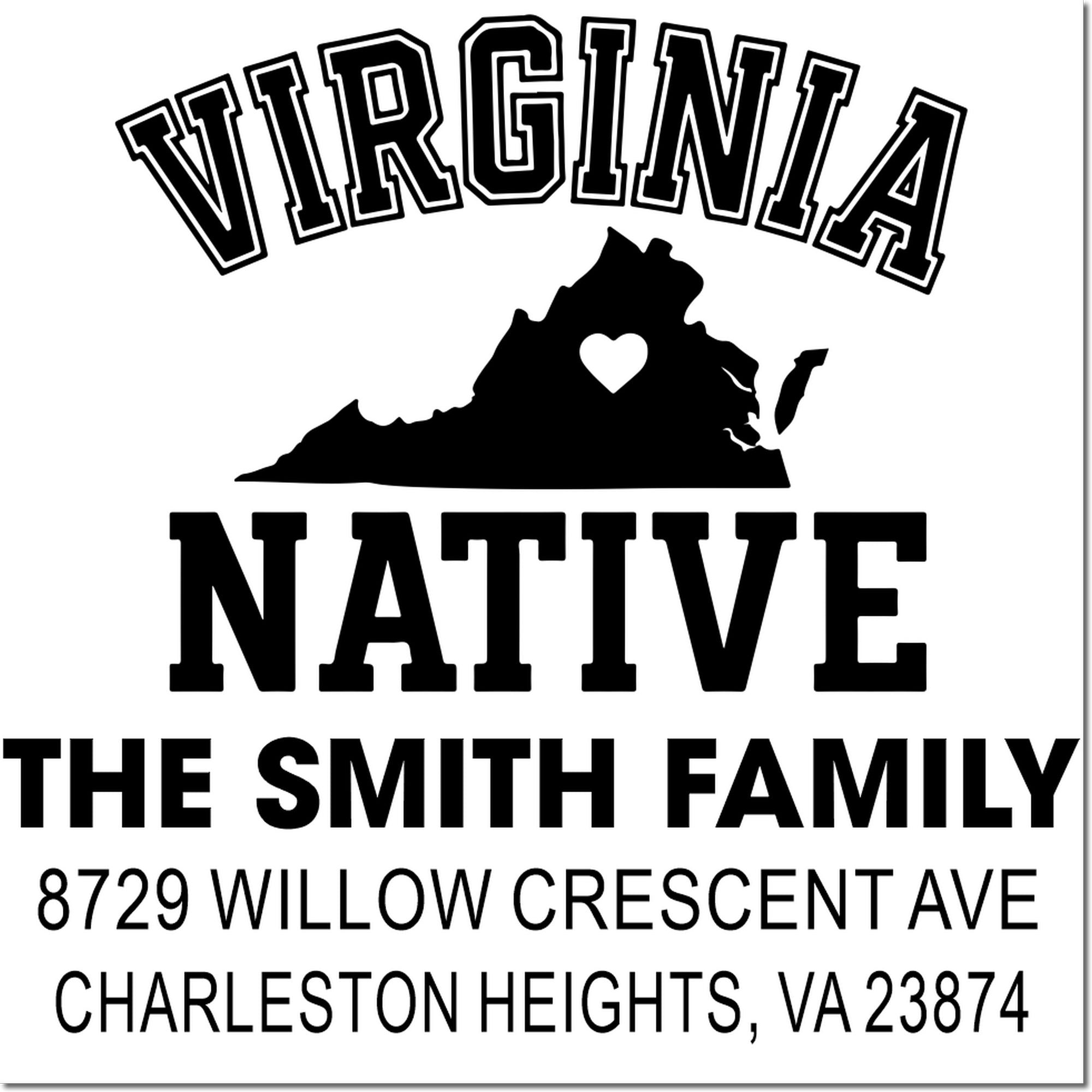 Custom Virginia native family address stamp with state silhouette and heart cutout, featuring The Smith Family and Charleston Heights, VA address.