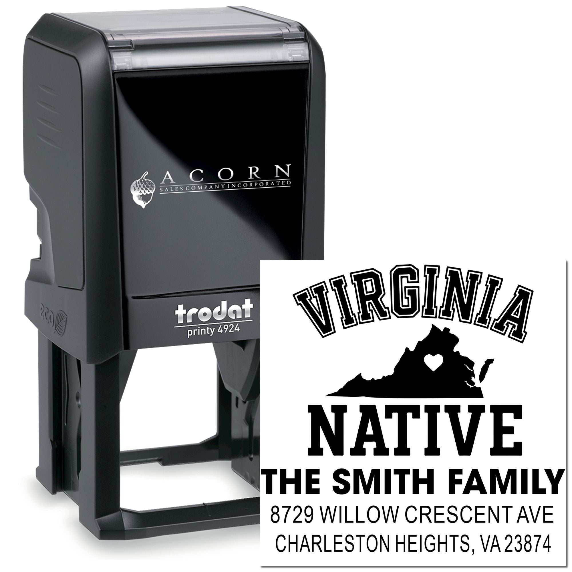 Custom self-inking stamp set with Virginia Native and Smith Family address design on a white background, featuring a Trodat printy 4924 stamp.