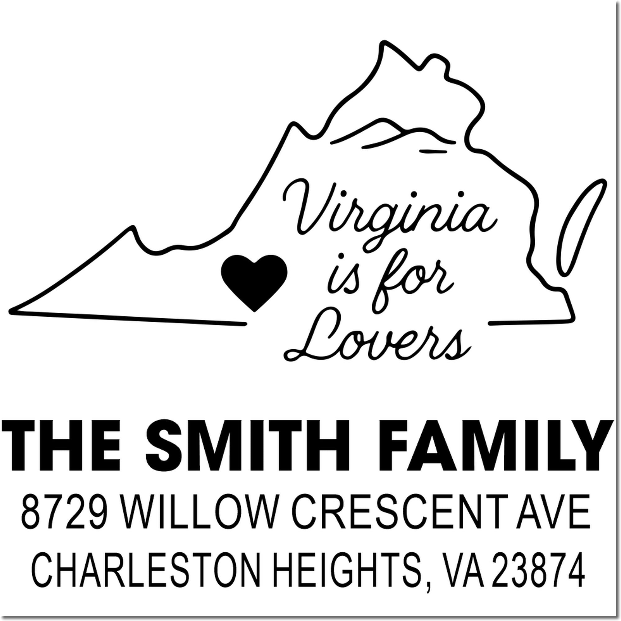Custom address stamp with Virginia state outline, heart, and Virginia is for Lovers, featuring The Smith Family name and Charleston Heights, VA address.