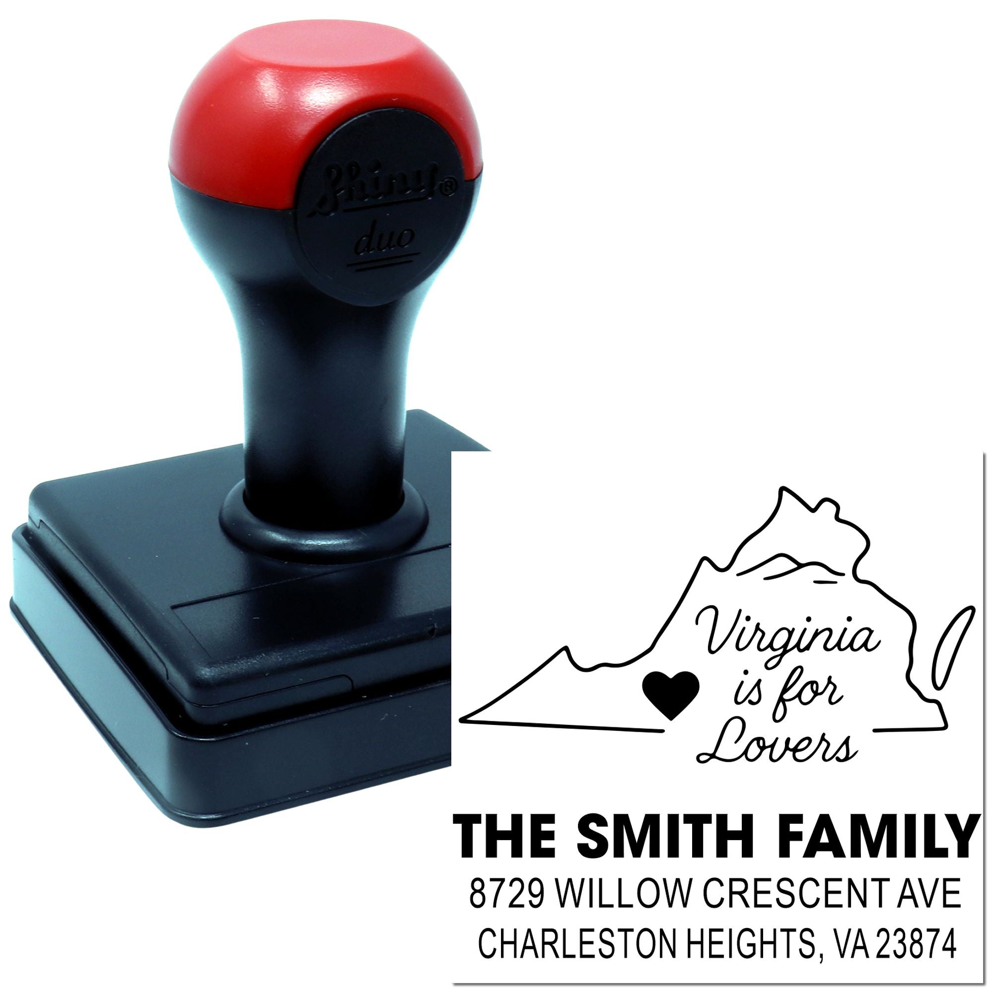 Custom self-inking rubber stamp with Virginia is for Lovers state outline and The Smith Family return address on a white background.