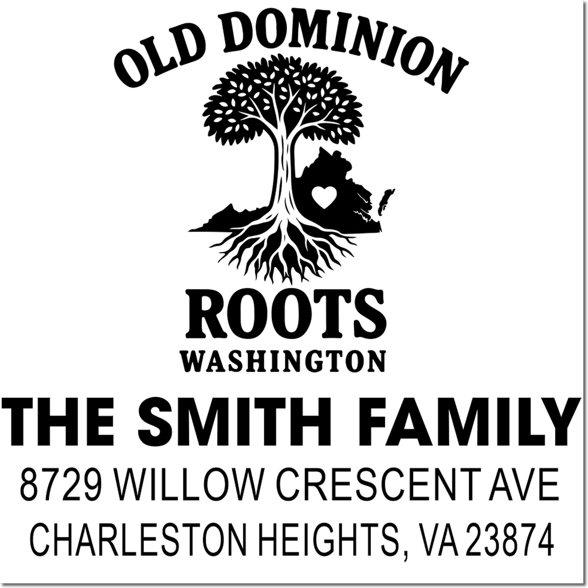 Old Dominion Roots Washington custom family address stamp with tree, Virginia silhouette, and The Smith Family, 8729 Willow Crescent Ave, Charleston Heights VA 23874