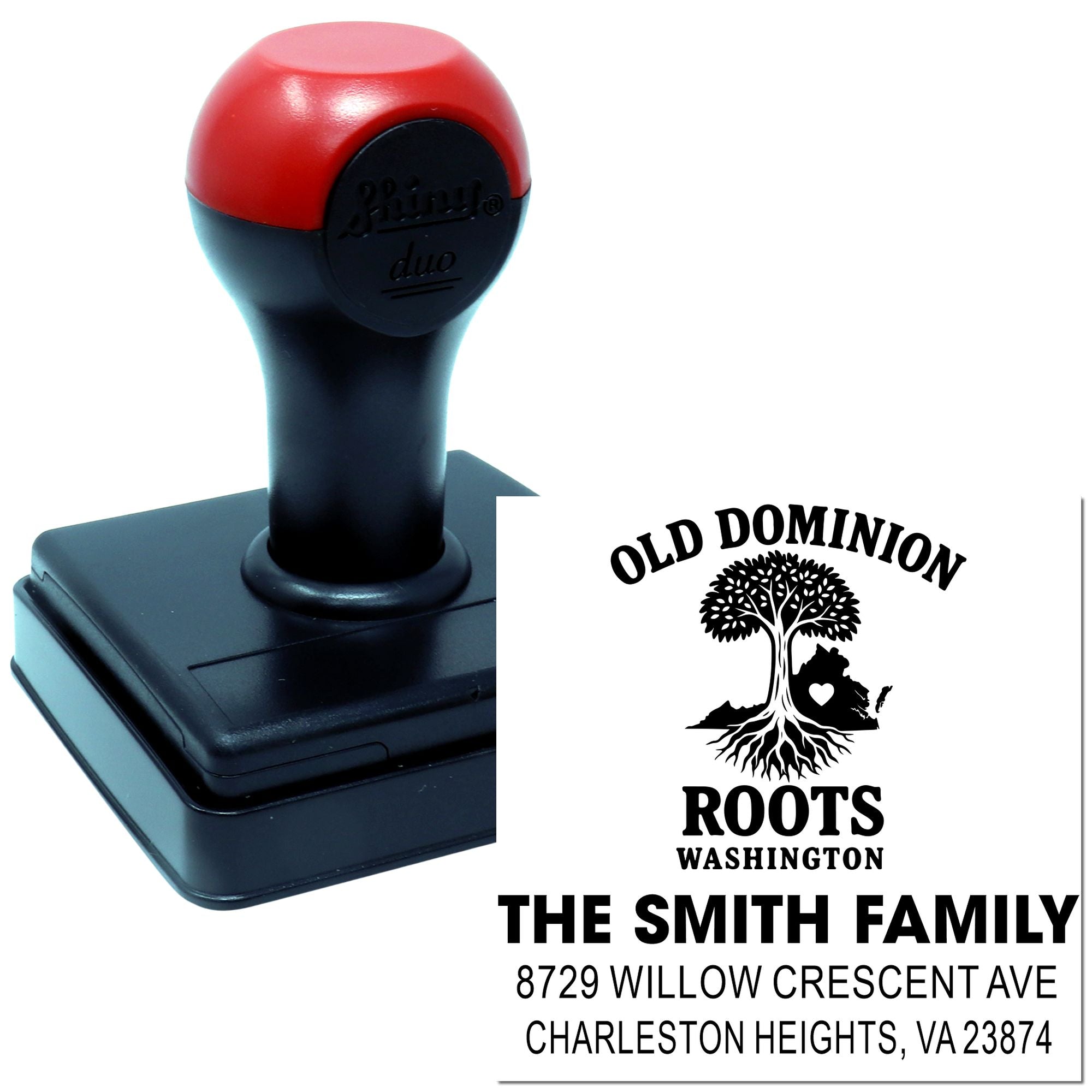 Self-inking custom rubber stamp with Old Dominion Roots Washington family address design on white background.